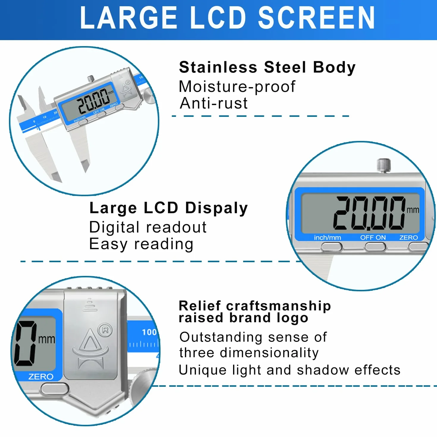 Calibro Digitale,Precisione Calibri In Acciaio Inox 150mm Con Ampio Display Lcd Calibro Digitale Per Misurazione Esterne,Interne,Profondità e Di Passo,3 Batterie,Spegnimento Automatico