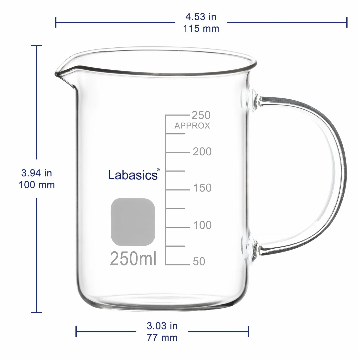 Labasics Bicchiere di Vetro, G3.3 Bicchiere Graduato in Vetro Borosilicato da Laboratorio Bicchiere di Misura Trasparente Bicchiere di Forma Bassa Griffin con Manico e Beccuccio, 250 ml