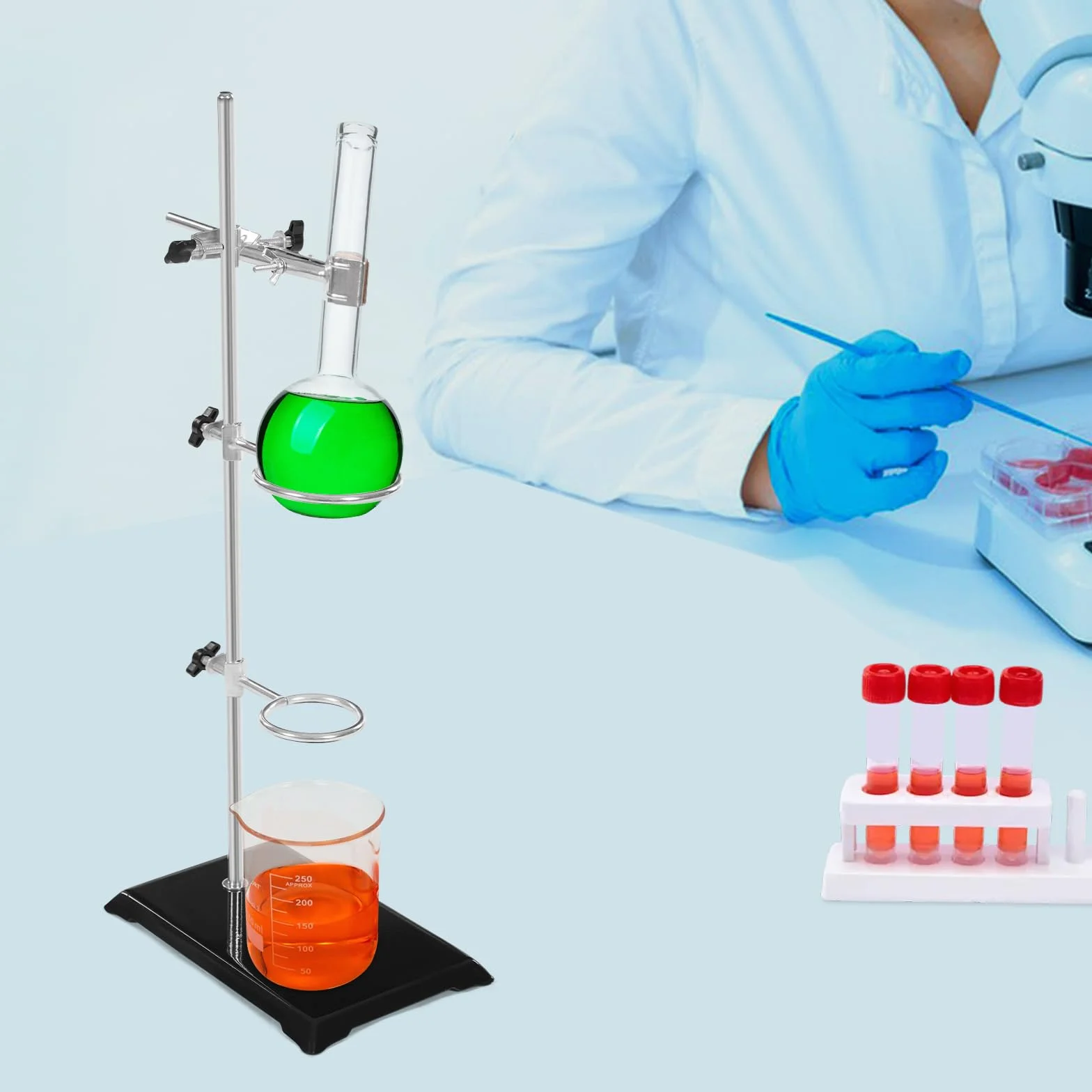 Supporto per laboratorio, 13 x 21 cm, lunghezza asta 50 cm, con morsetto regolabile in altezza, per esperimenti chimici e fisici