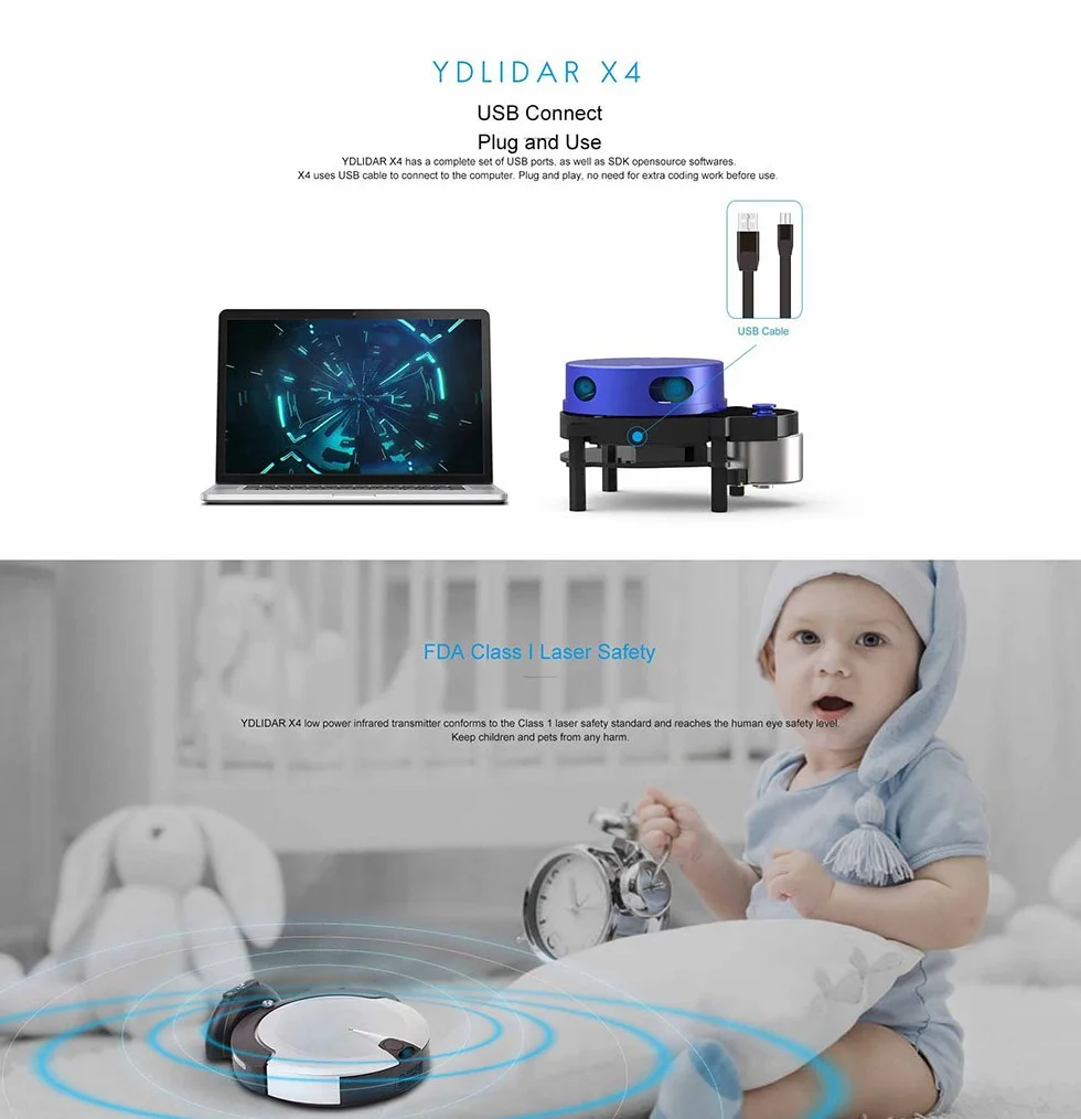 LIDAR-053 EAI YDLIDAR-X4, modulo sensore di scansione per scanner laser con un raggio di azione di 10 metri e una frequenza di scansioni di 5 Hz Lidar X4