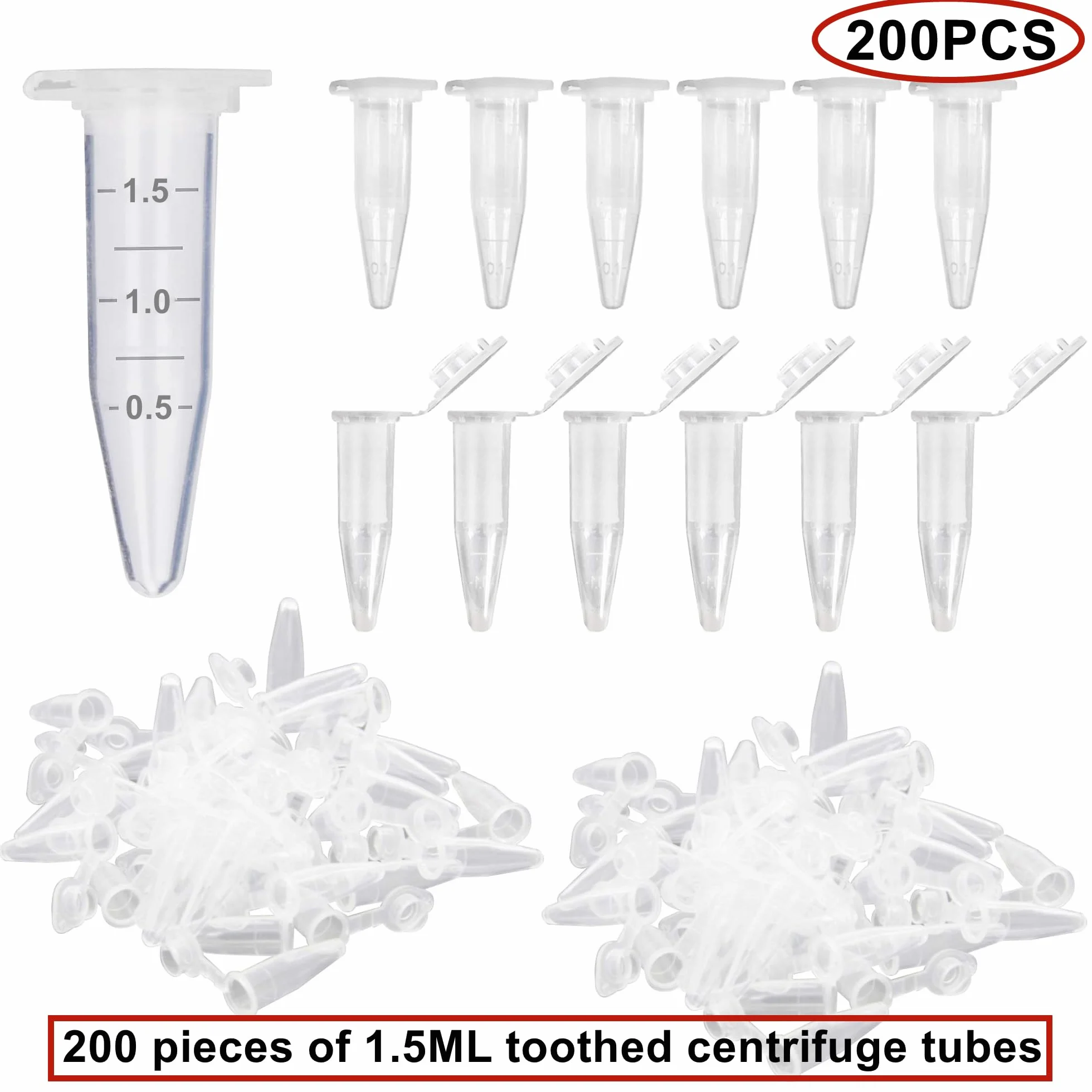 HUAZIZ 200 Pezzi 1,5 ml Plastica Centrifuga Provetta con Testa a Punta, Micro Provette da Laboratorio Conical Centrifuge Tubes Trasparente Graduata di Polipropilene con Tappo Piatto