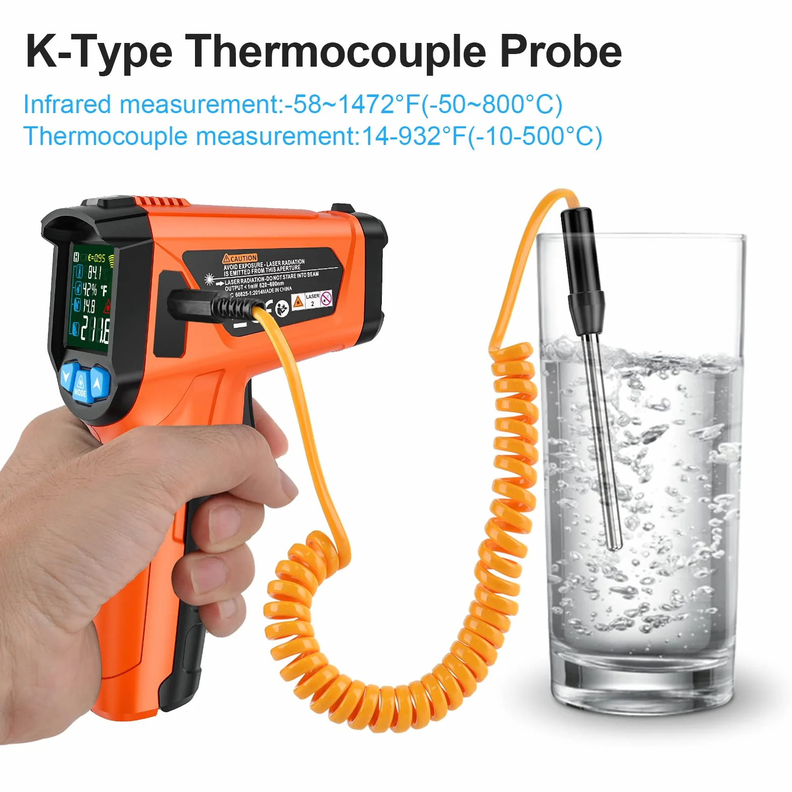 Termometro a Infrarossi MESTEK Digitale Laser Pirometro -50°C~800°C con K-Probe Senza Contatto LCD a Colori