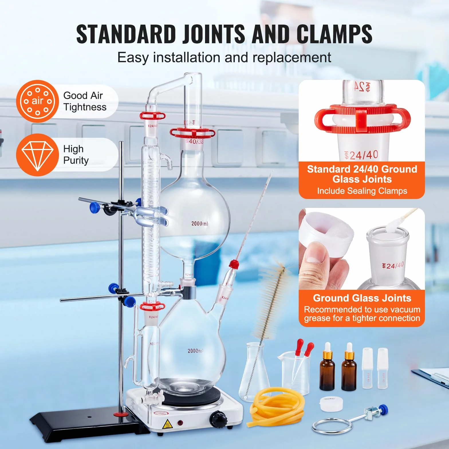 VEVOR Kit di distillazione di oli essenziali, 2000 ml, kit di distillazione di vetreria da laboratorio 3.3 Boro con piastra riscaldante da 1000 W e 24, 40 giunti, set da 28 pezzi