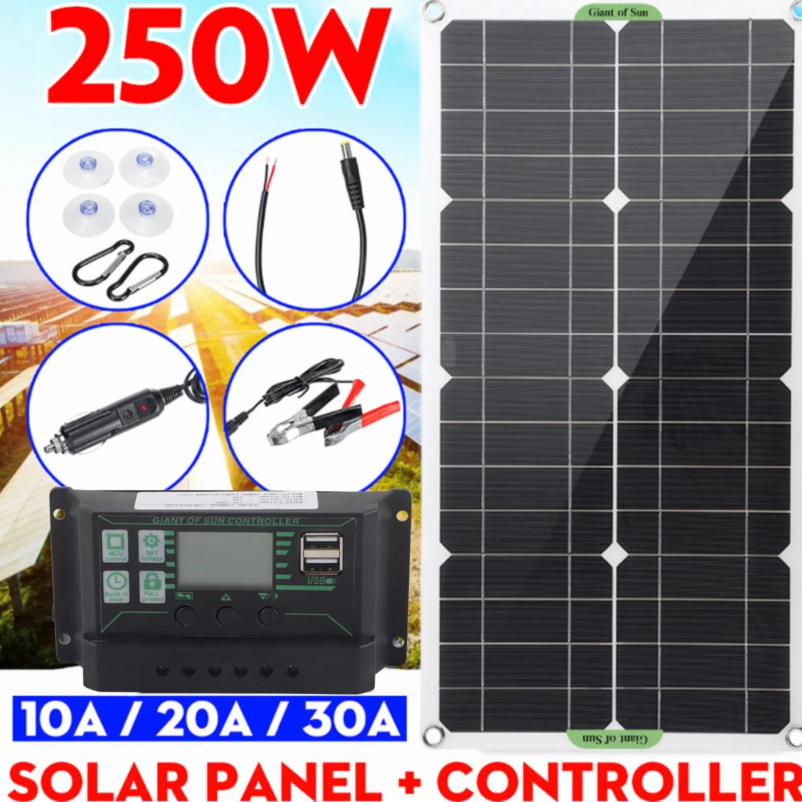for SICURA0 Kit Pannello Solare, 250W 12V/24V Kit di Avvio per Pannello Solare Portatile Impermeabile con Pannello Solare monocristallino + regolatore di Carica 10A per Auto, Barca, casa e