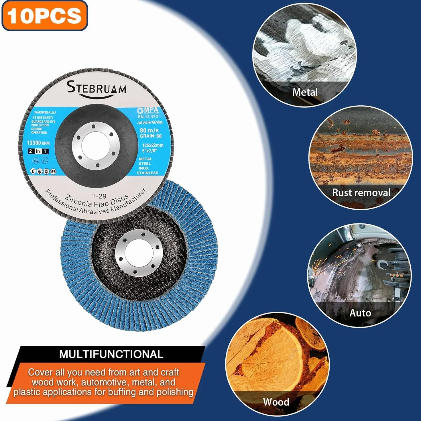 STEBRUAM 10 pezzi dischi lamellari da 125 mm, Disco Abrasivi grana 60, per Smerigliatrice Angolare a Batteria, GWS, BTI, Acciaio Inossidabile Metallo e Legno
