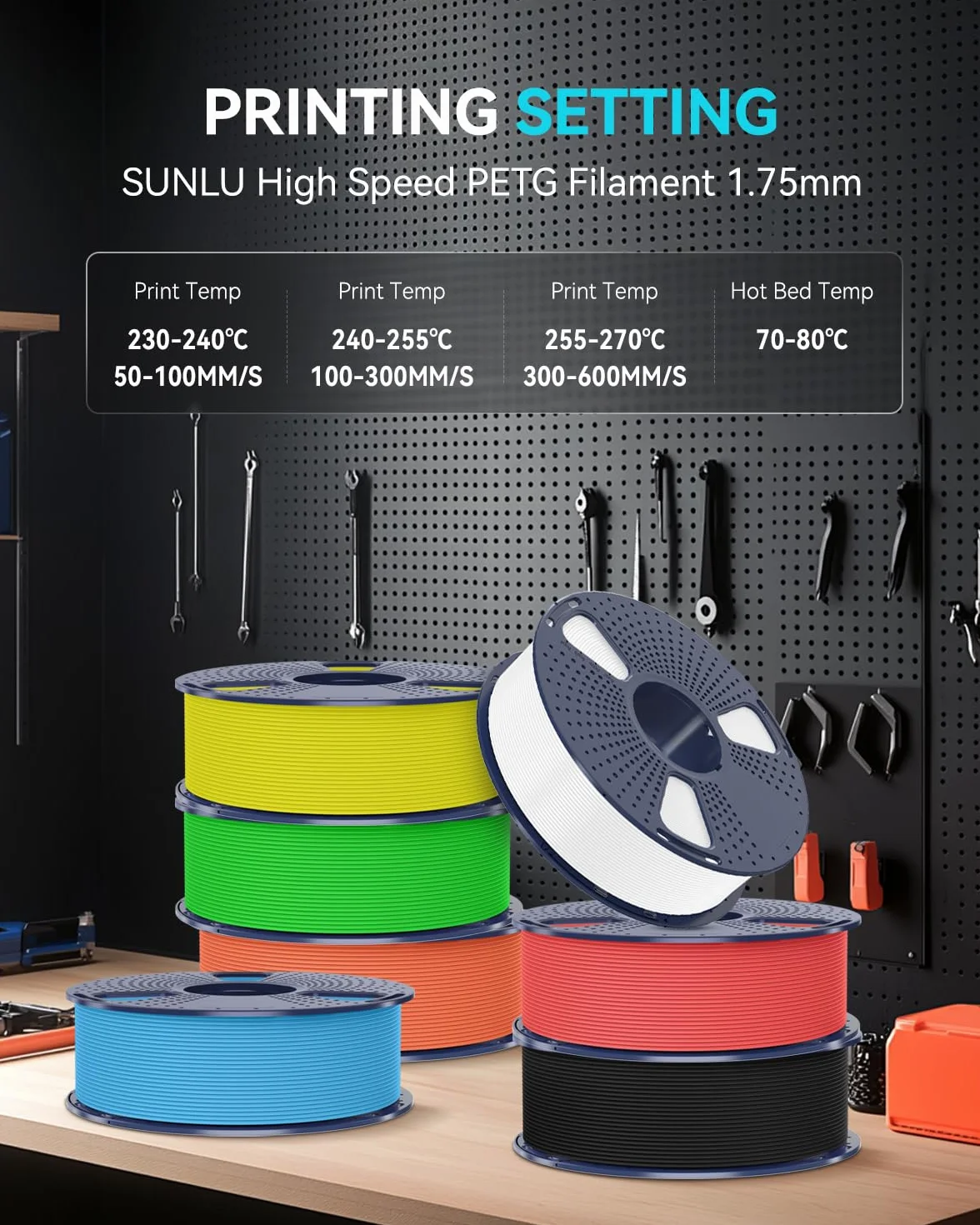 SUNLU Filamento PETG 1.75mm 4kg Nero, 30-600mm/s, 4 Bobine