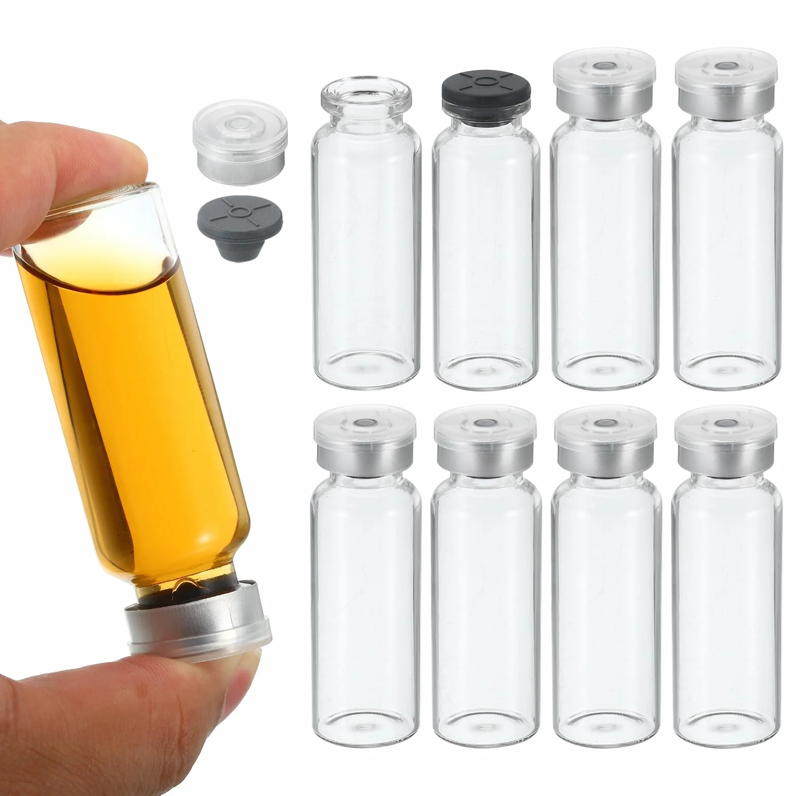 PATIKIL 20ml Fiale 8 Pacco Laboratorio Vuote Fiale con Butile Gomma Tappo e pinze Superiore Tappi Borosilicato Vetro Fiala Trasparente