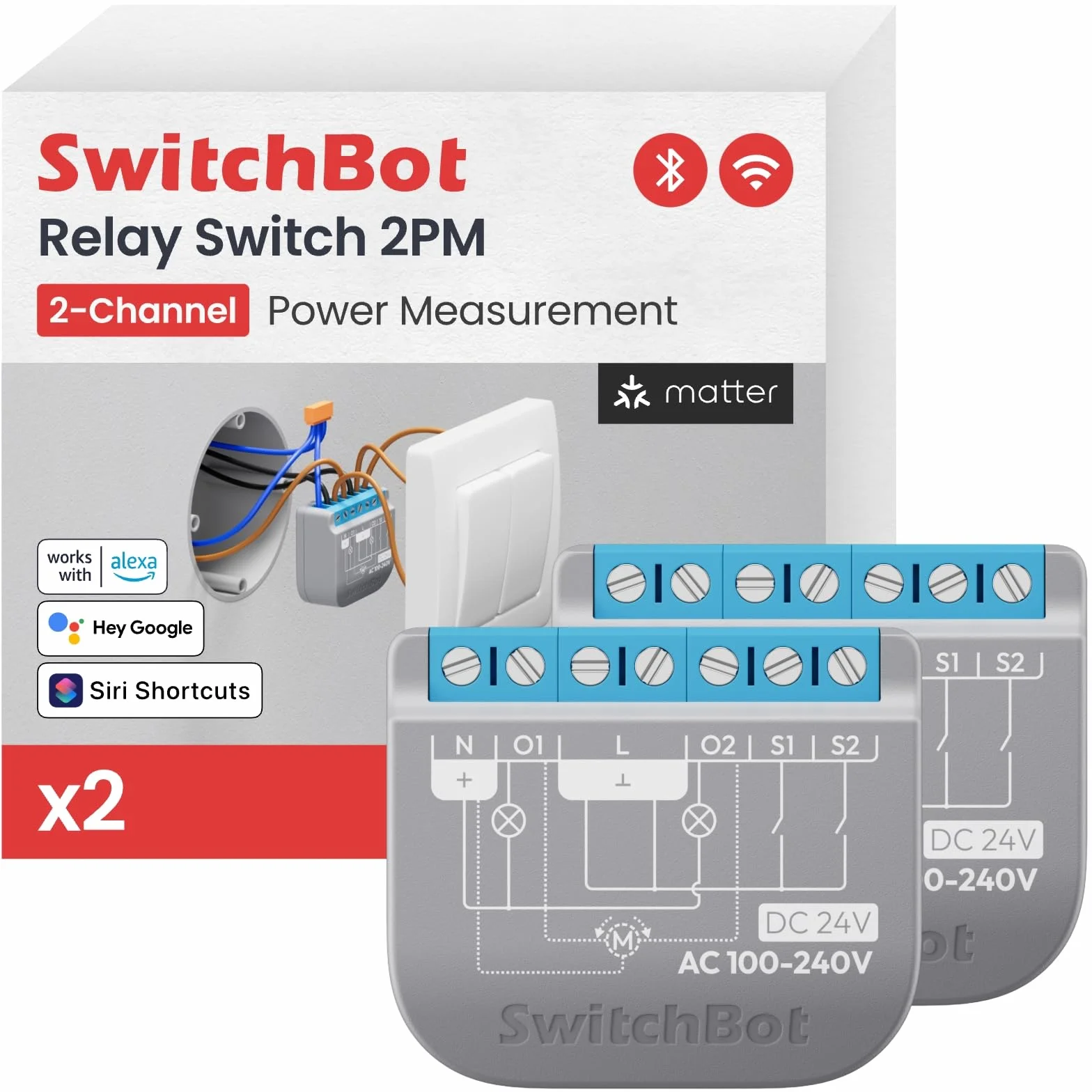 SwitchBot Matter Relè Interruttore 2PM, Modulo Relè Interruttore con Misuratore di Potenza, Interruttore Wi-Fi&Bluetooth Funziona con Alexa/Apple Homekit/Google Home, 2.4GHz, 2 Pezzi