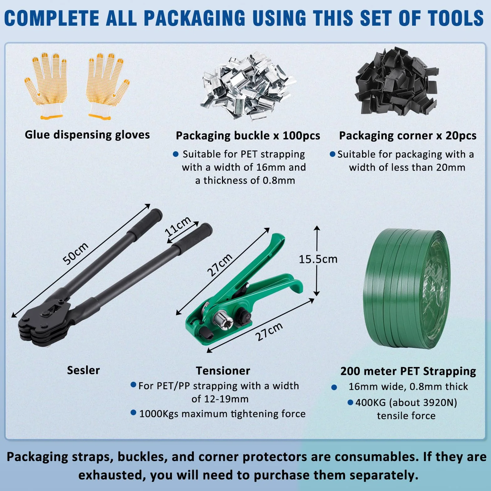BAOSHISHAN Set di reggiatura manuale per impacchettamento per pallet resistente (1 tenditore, 1 sigillante, reggiatura in PET/poliestere da 200 metri, 100 fibbie, 20 angoli di imballaggio, 1 guanti)