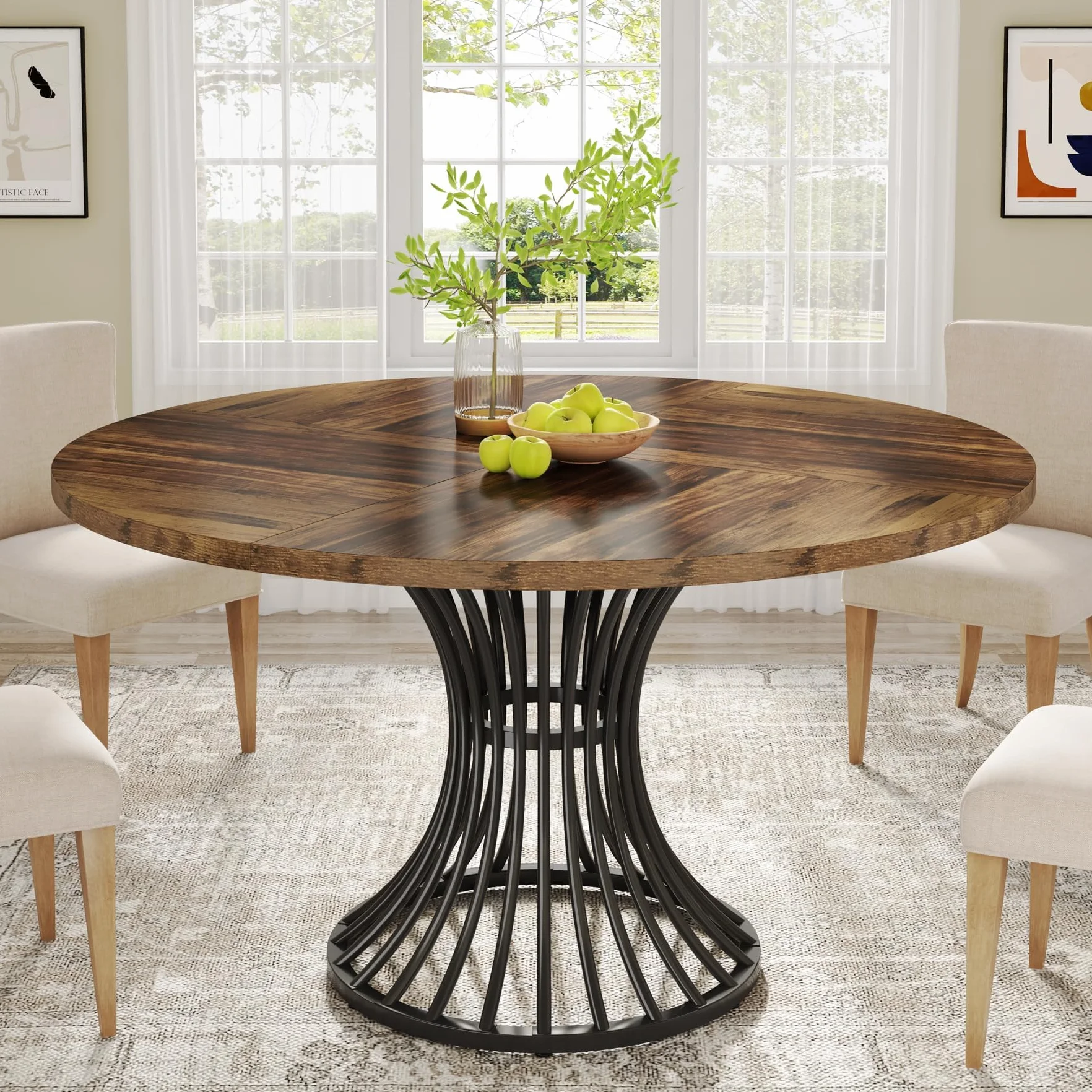 Tribesigns Tavolo da pranzo rotondo da 120 cm, per 4-6 persone, stile rustico e design industriale, stabile base in metallo per cucina e soggiorno, nero-marrone
