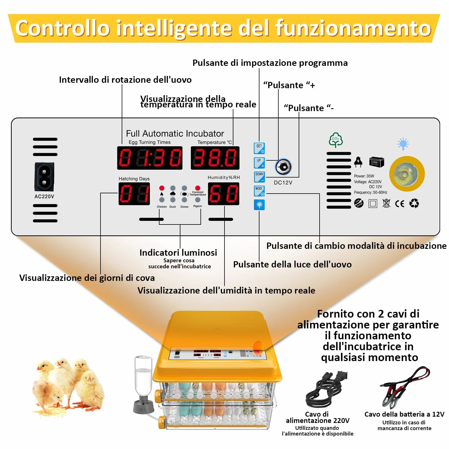 Incubatrice per Uova Automatica, Incubatrice per 120 Uova, Rotazione Automatica, Monitoraggio dell'umidità, Controllo Temperatura, 5 Modalità di Incubazione Automatica, Giorni d'incubazione