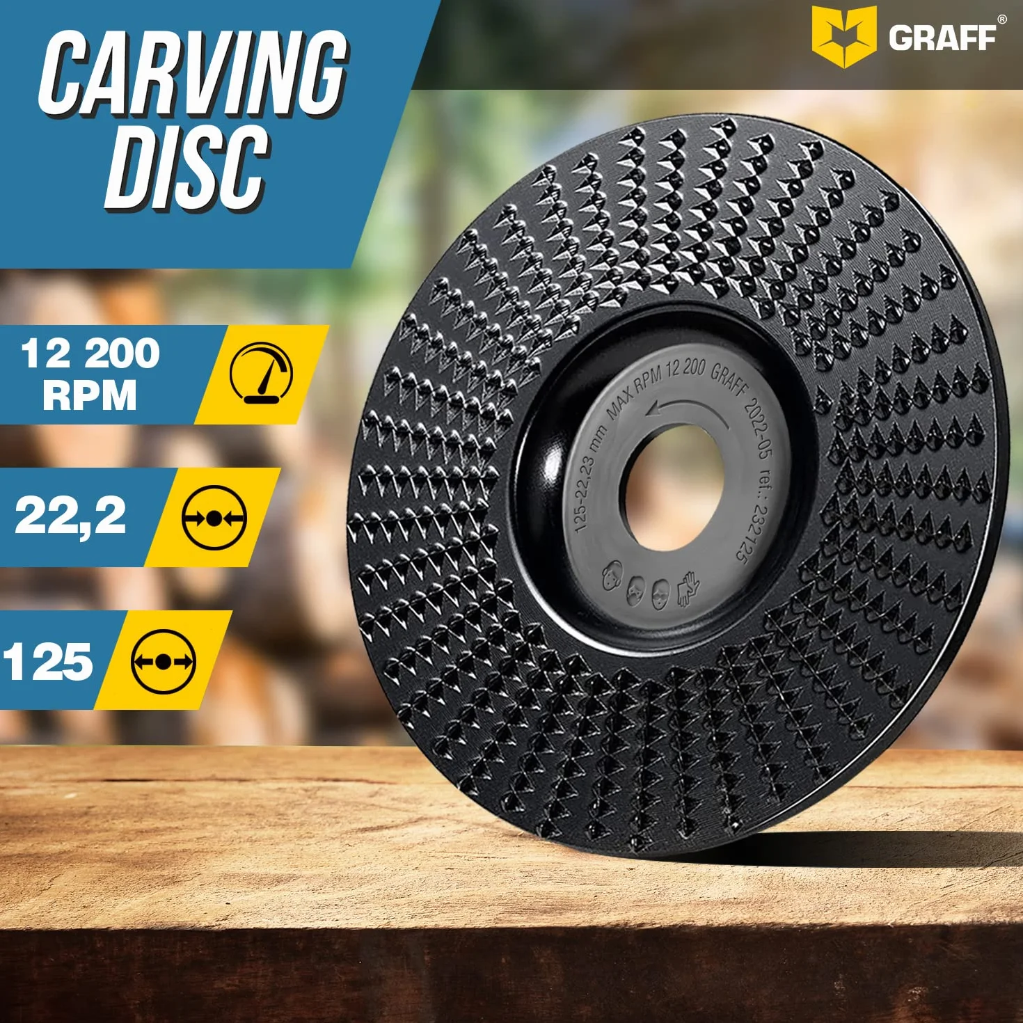 Intaglio Legno Mola Disco 125mm x 22.23mm – Disco Raspa per Intagliare e Levigatura Legno Conifere, Duro – Disco Abrasivo Lucidatura Modellatura – Mola per Smerigliatrice Angolare GRAFF
