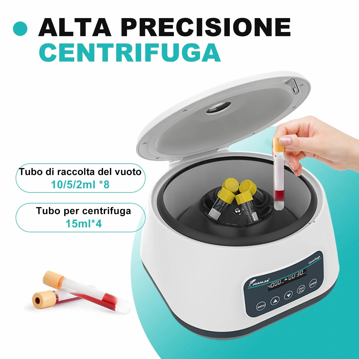JOANLAB LC-400 Centrifuga da Laboratorio Bassa Velocità per PRP/PRF, 4000 RPM, 1717 xg, Timer 30s-59min, per 4x15ml o 8x2/5/10ml Tubi