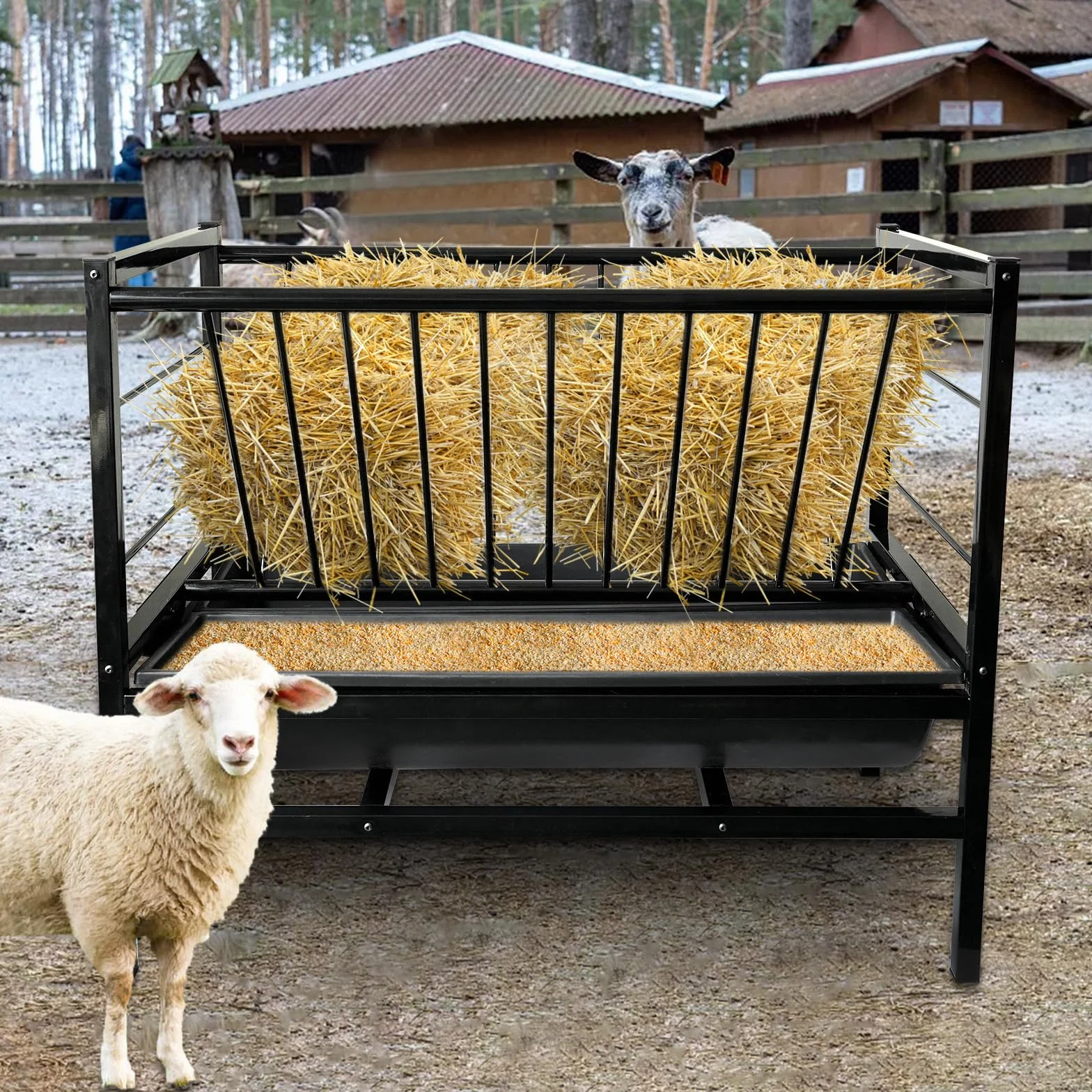 Mangiatoia per fieno 2 in 1 per capre, cavalli, mucche, pecore e bovini, mangiatoia per cereali da pascolo all'aperto con 2 mangiatoie più profonde per bestiame