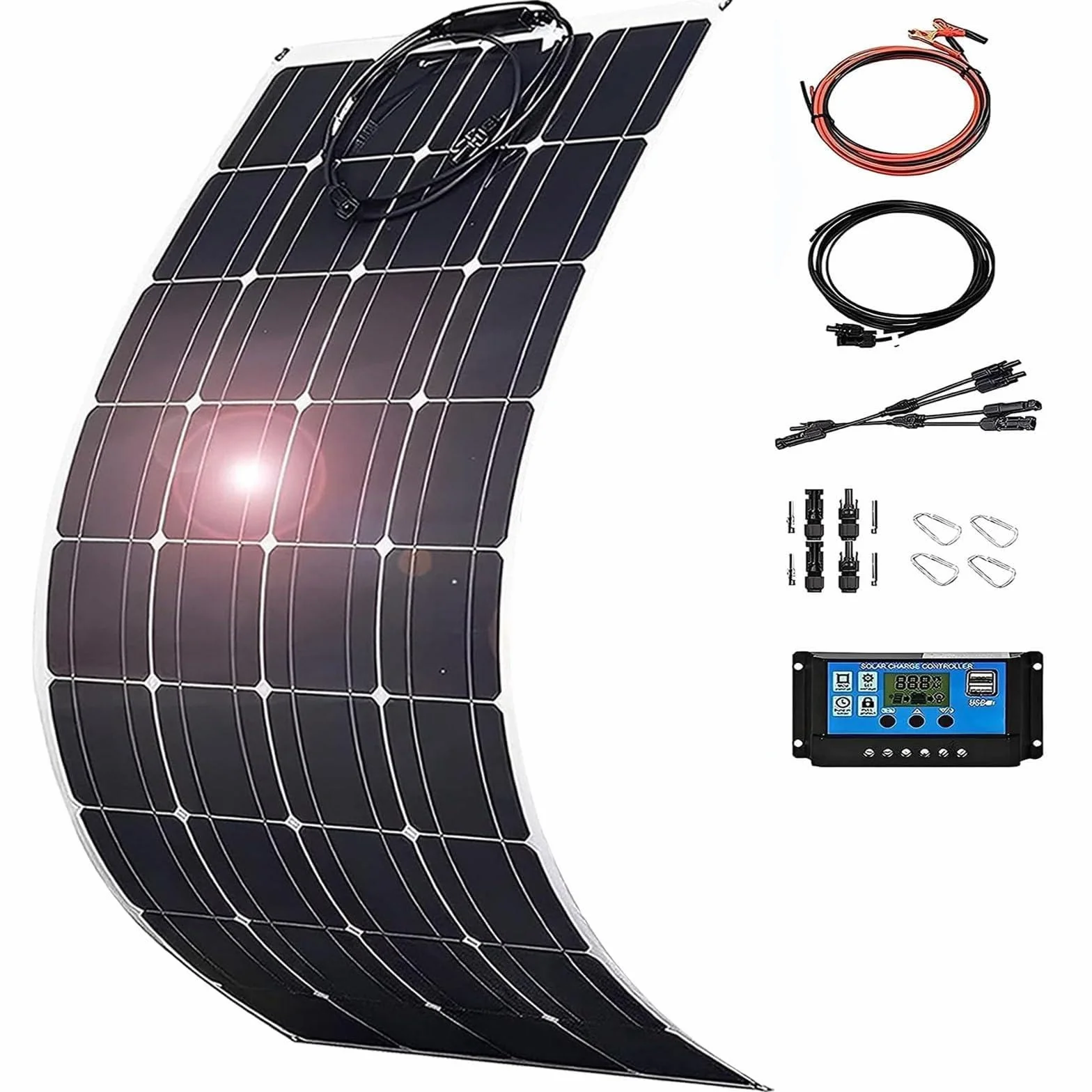 150W/200W/300W/400W/520W Flessibile Pannello Solare Monocristallino Leggero Impermeabile con Regolatore di Carica per RV, Barche, Cabina, Superfici Curve,Pannello Solare Flessibile,150w