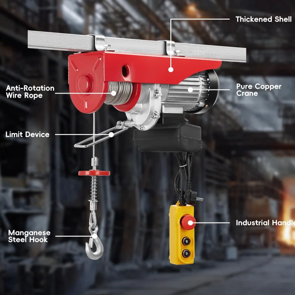 TEENO Paranco elettrico 1450 W, Sovraccarico Ascensore Verricello elettrico 220 V 20 M, sospensione singola e doppia, 400 KG/800 KG, 6 m/min |12 m/min Rosso (400 kg/800 kg)