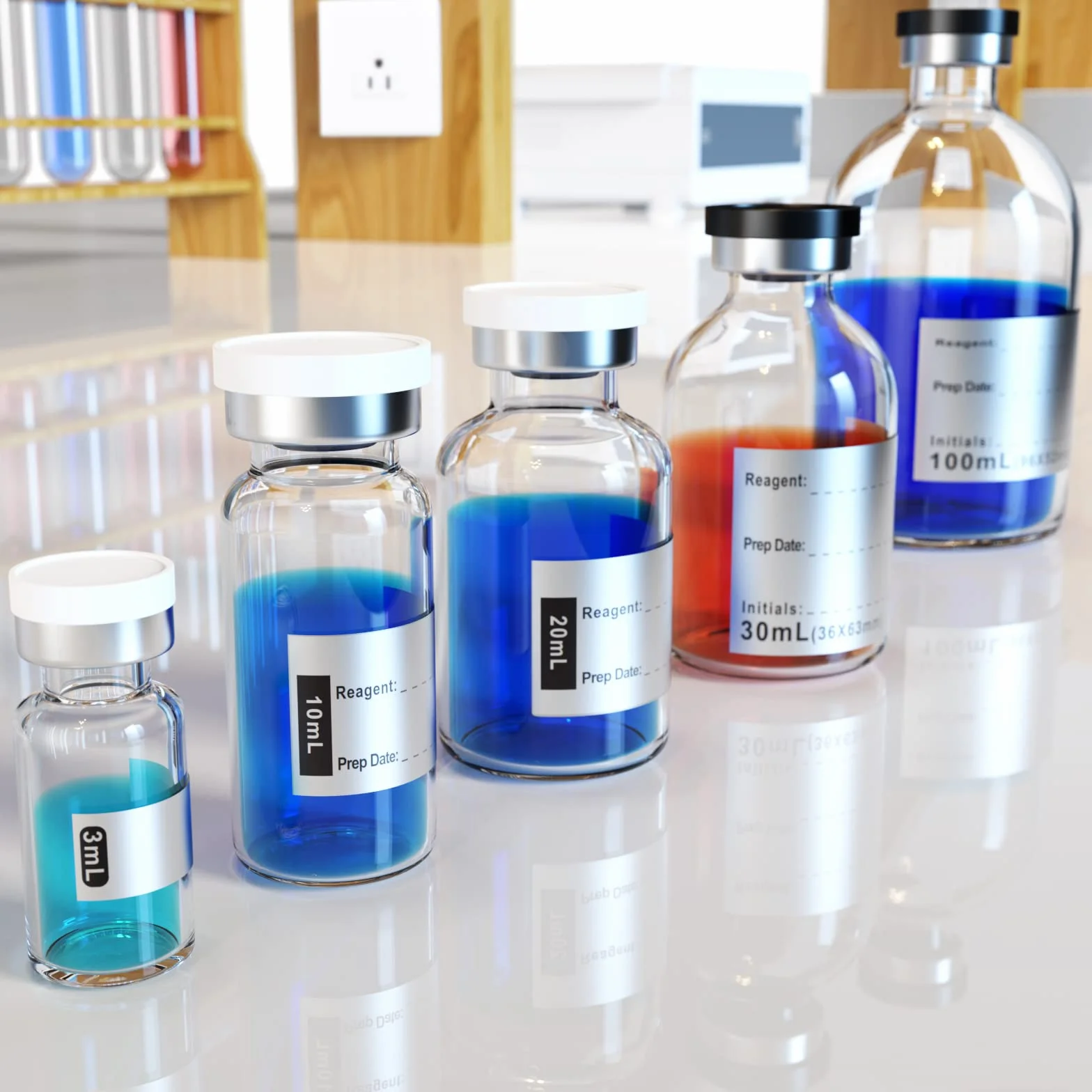 Flacone sterile vuota con tappo in gomma butilica separato e chiusura a ribaltamento, rimovibile, dopo il riempimento, necessità di sigillare con Crimper