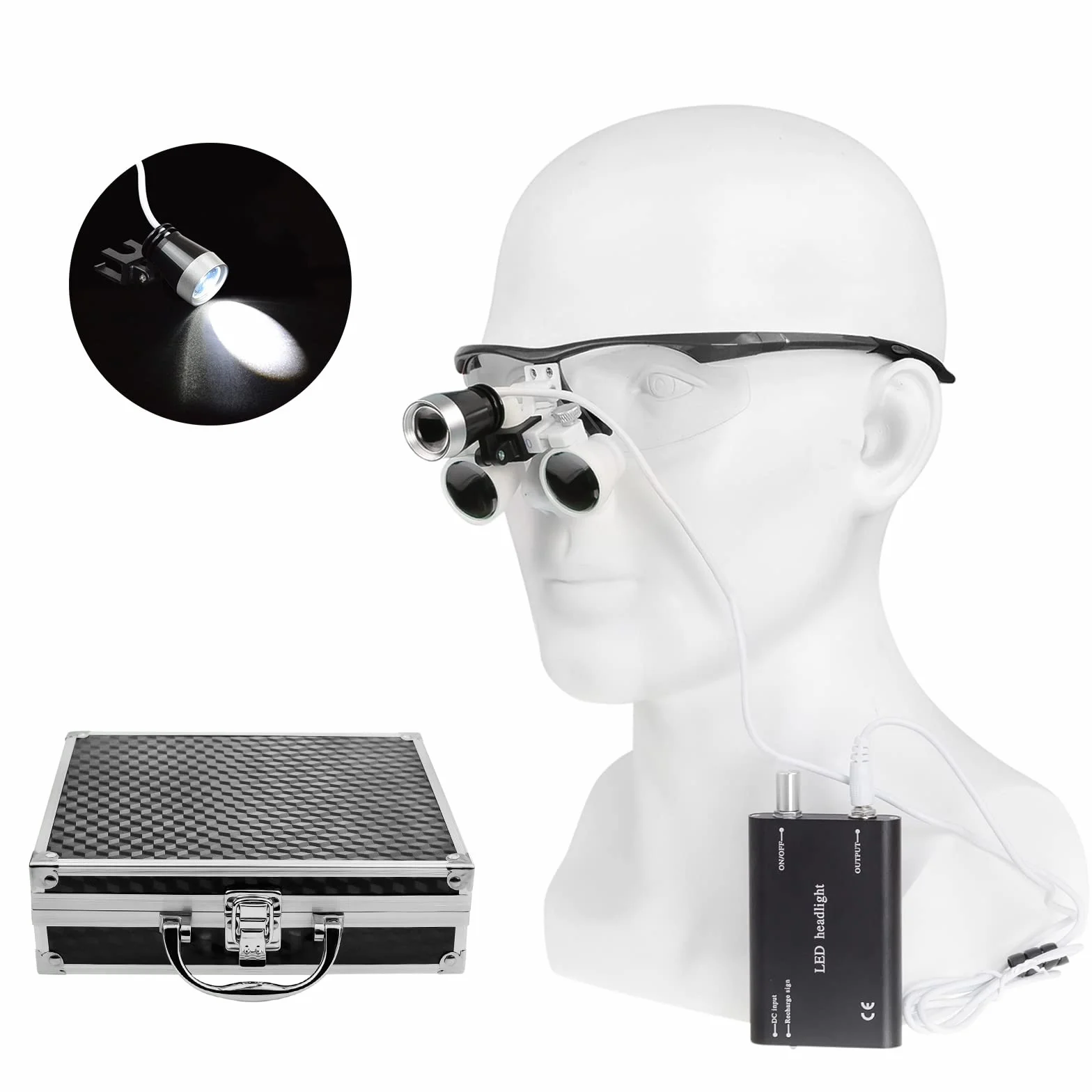binocolo chirurgico 3,5 X, distanza di funzionamento 420 mm, in vetro ottico con luce a LED e scatola in alluminio