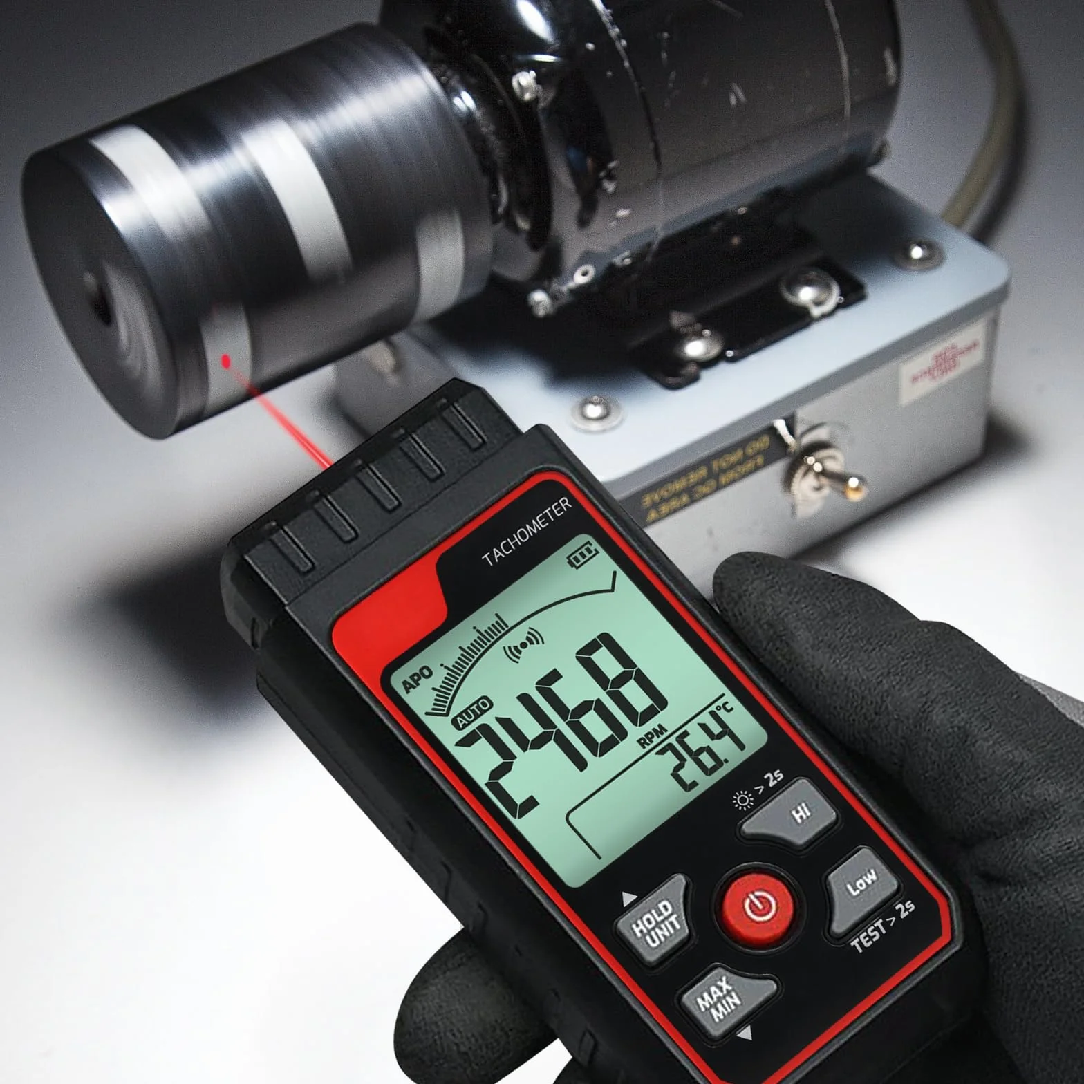 Tachimetro Digitale Sensore Fotografico Laser Senza Contatto Tachimetro di Velocità di Rotazione, Gamma da 2,5 a 99999 giri/min Alta Precisione con Funzione di Allarme Retroilluminazione Scala a Barre