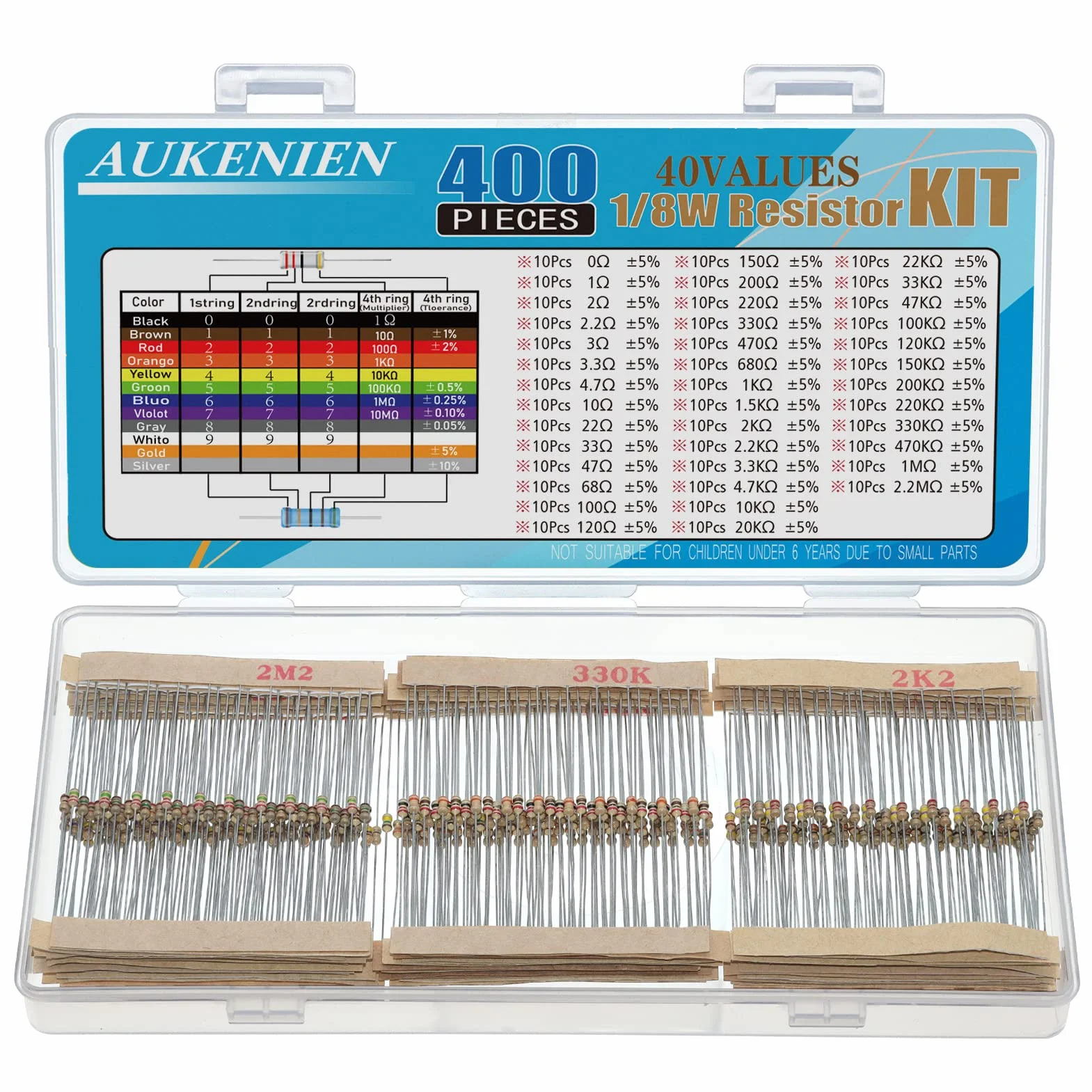 AUKENIEN 40 Valori 1/8W Kit Resistenze a Film in Carbonio 0 Ohm a 2,2M Ohm Resistori 5% Resistenza Elettriche Carbon Film Resistor Elettrica
