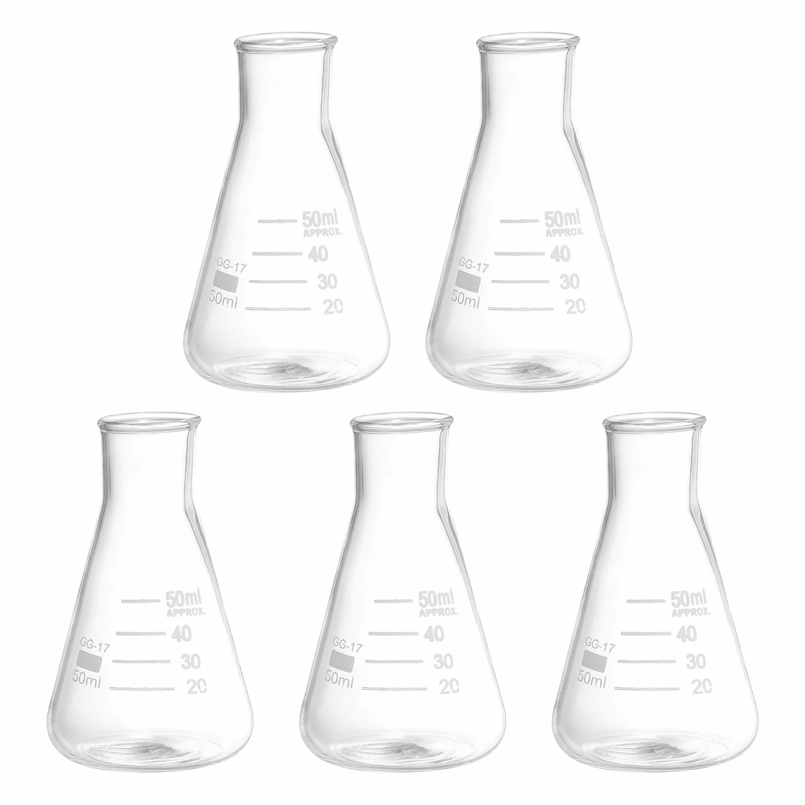 PATIKIL Ampolla Erlenmeyer, 5pz 50ml Ampolle a Bocca Stretta in Vetro Borosilicato con Graduazione Stampata per Laboratorio, Sperimentazione, Chimica, Studio Scientifico