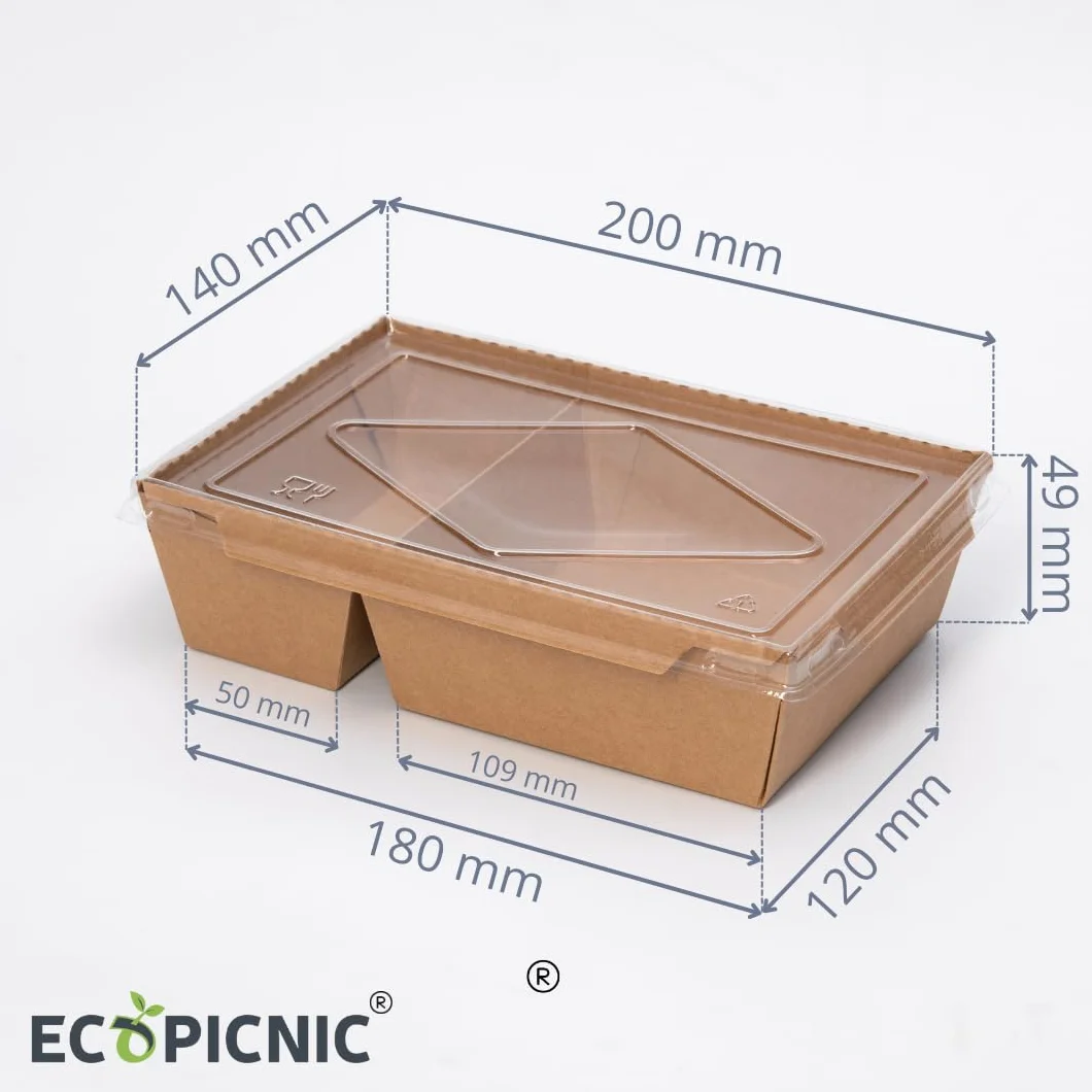 Lanchbox Carta Kraft Coperchio Trasparente 2 Scomparti 1200 ml - Confezione da 50 Pezzi per Alimenti da Asporto