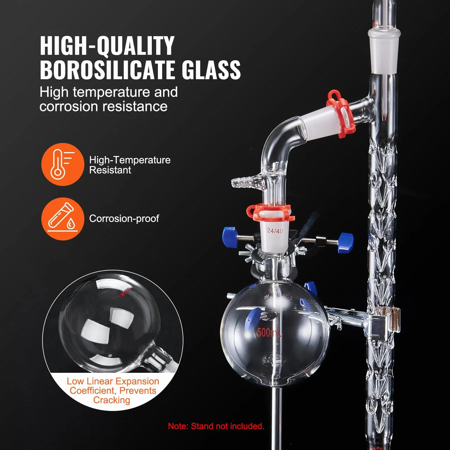 VEVOR Kit di Distillazione,14 Pezzi Kit di Vetreria da Laboratorio, Giunti 24/40 Kit di Distillazione da Laboratorio, 1L Kit di Vetreria per Purificatore in Vetro, per Essiccazione, Cristallizzazione