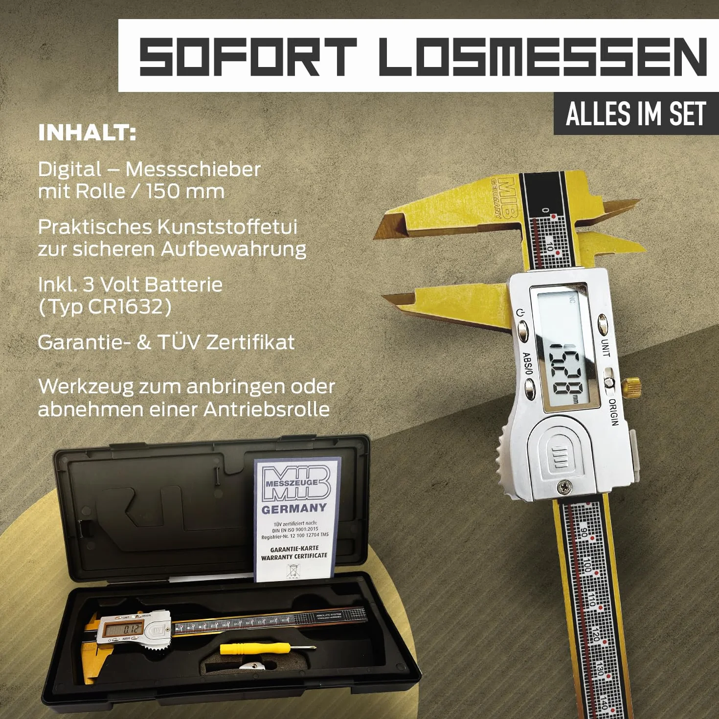 MIB Calibro digitale con sistema assoluto e rivestimento TiN DIN 862, 150 mm, misuratore di precisione, misurazione a 4 livelli, calibrazione, set di utensili digitali con batteria da 3 V e scatola di