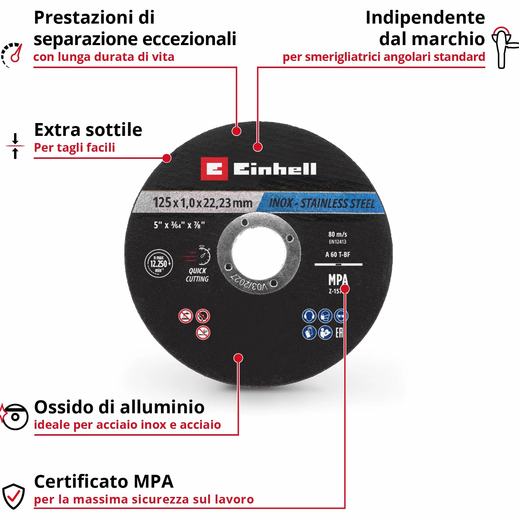 Originale Einhell Dischi da taglio per metallo, 10 pezzi, Ø 125 mm in latta (taglio veloce, lavorazione del metallo, taglio facile, certificato MPA, indipendente dal marchio)