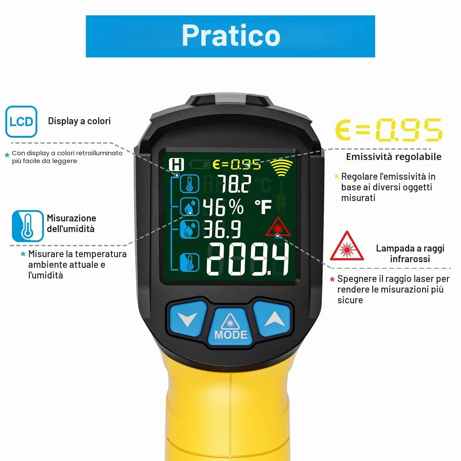 MESTEK Termometro a Infrarossi Digitale Laser -50°C 800°C con Sonda K Schermo LCD Colori