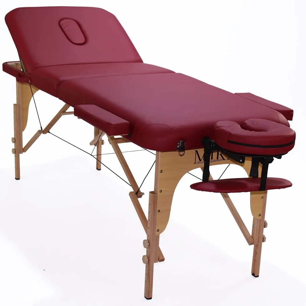 Mira Lettino da massaggio portatile leggero con schienale reclinabile accessoriato e borsone da trasporto varie colori disponibile (Burgundy)