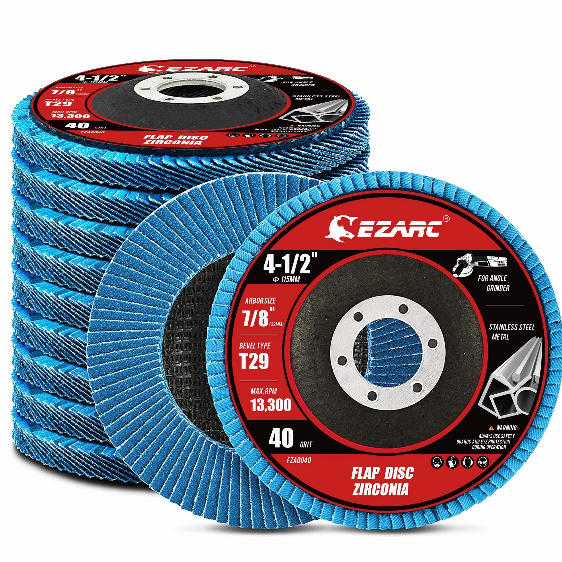 EZARC Disco Lamellare 10 Pezzi, Dischi Lamellari Ø 115mm x 22 mm, Grana 40 Dischi Abrasivi Lamellari, Adatto per Acciaio Inossidabile Metallo e Legno per Smerigliatrice Angolare