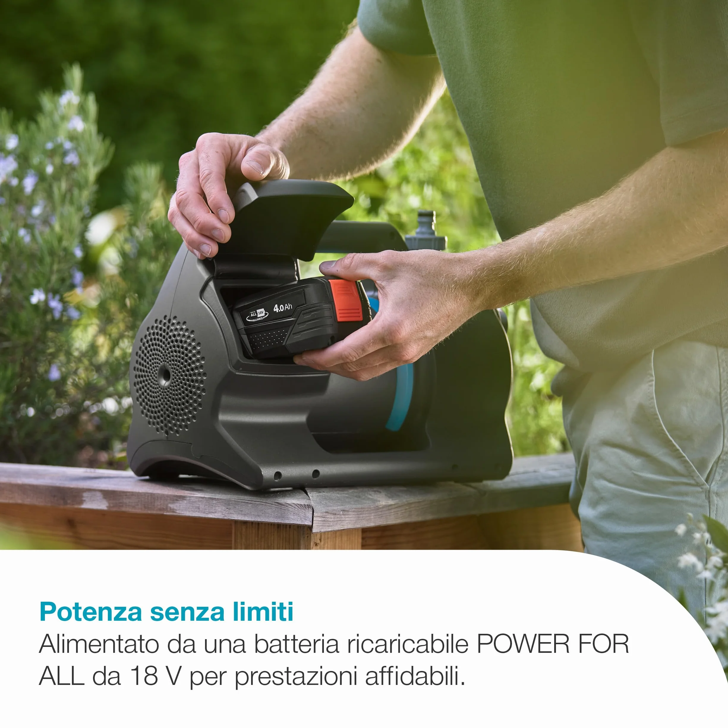 Gardena Pompa Da Giardino A Batteria 3000 Silent 18V P4A Set Pronto All'Uso: Potente, Funzionamento silenzioso, Scocca resistente alla pioggia e ai raggi UV (14610-20)