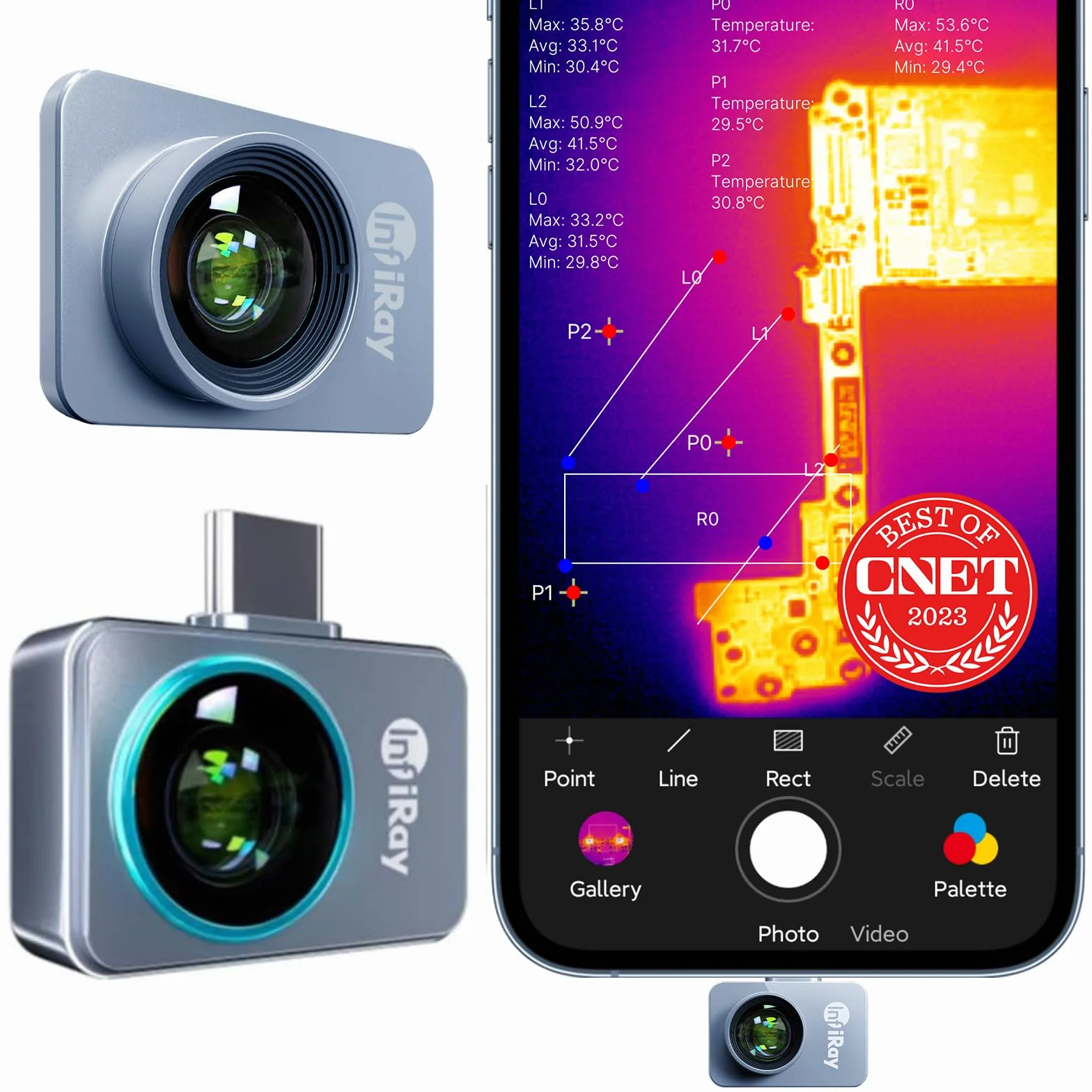 InfiRay P2 Pro Telecamera termica con obiettivo macro magnetico, corpo completamente in metallo da 9 g, intervallo di misurazione -20°C~550°C, risoluzione 25Hz 256X192 (solo per Android Type-C)