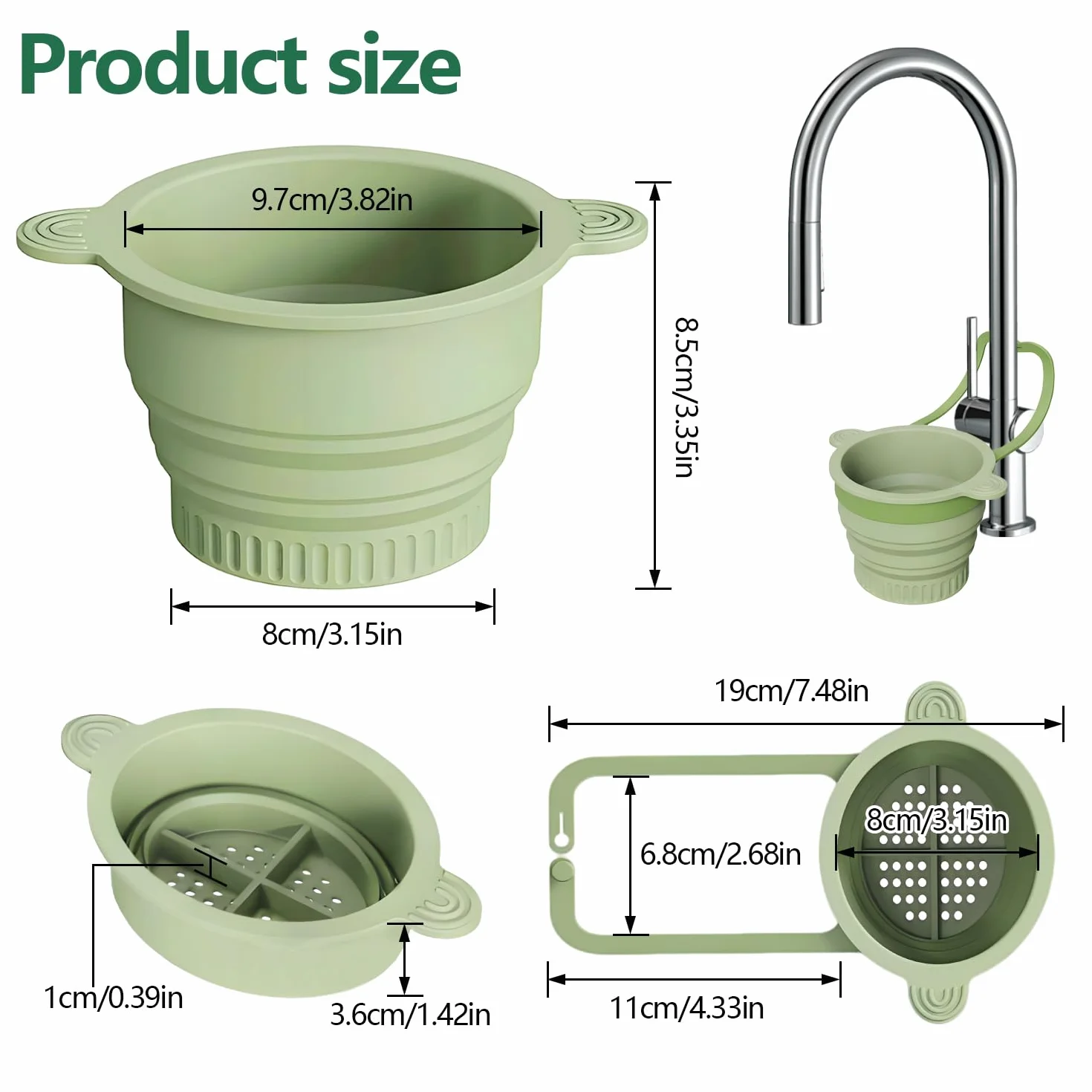 Pieghevole Cestello di Scarico per Lavello da Cucina, Cestello Filtro per Lavandino in Silicone, Rimovibile da Appendere, per Filtrare i Residui di Cibo e Prevenire L'Intasamento del Lavello (Verde)