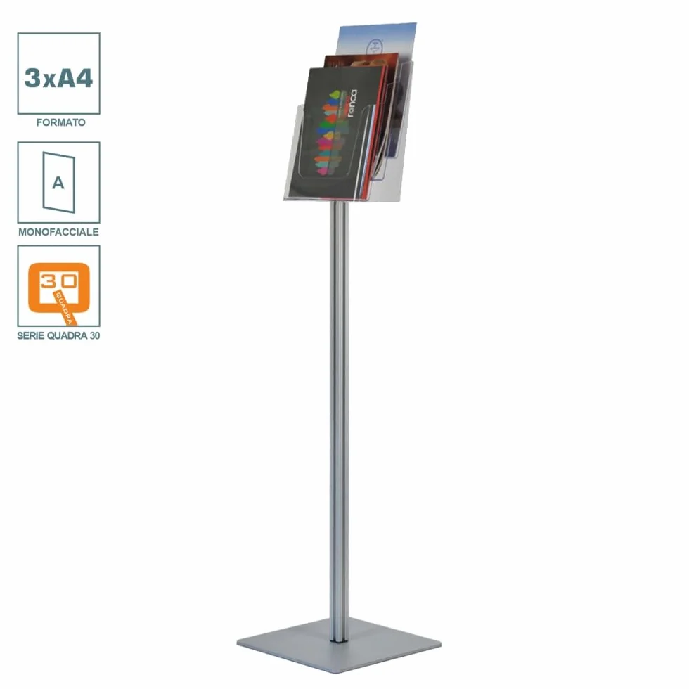 Espositore Portadepliant a Piantana 3 Tasche Plexiglass A4 Alluminio Base Metallica Antinciampo