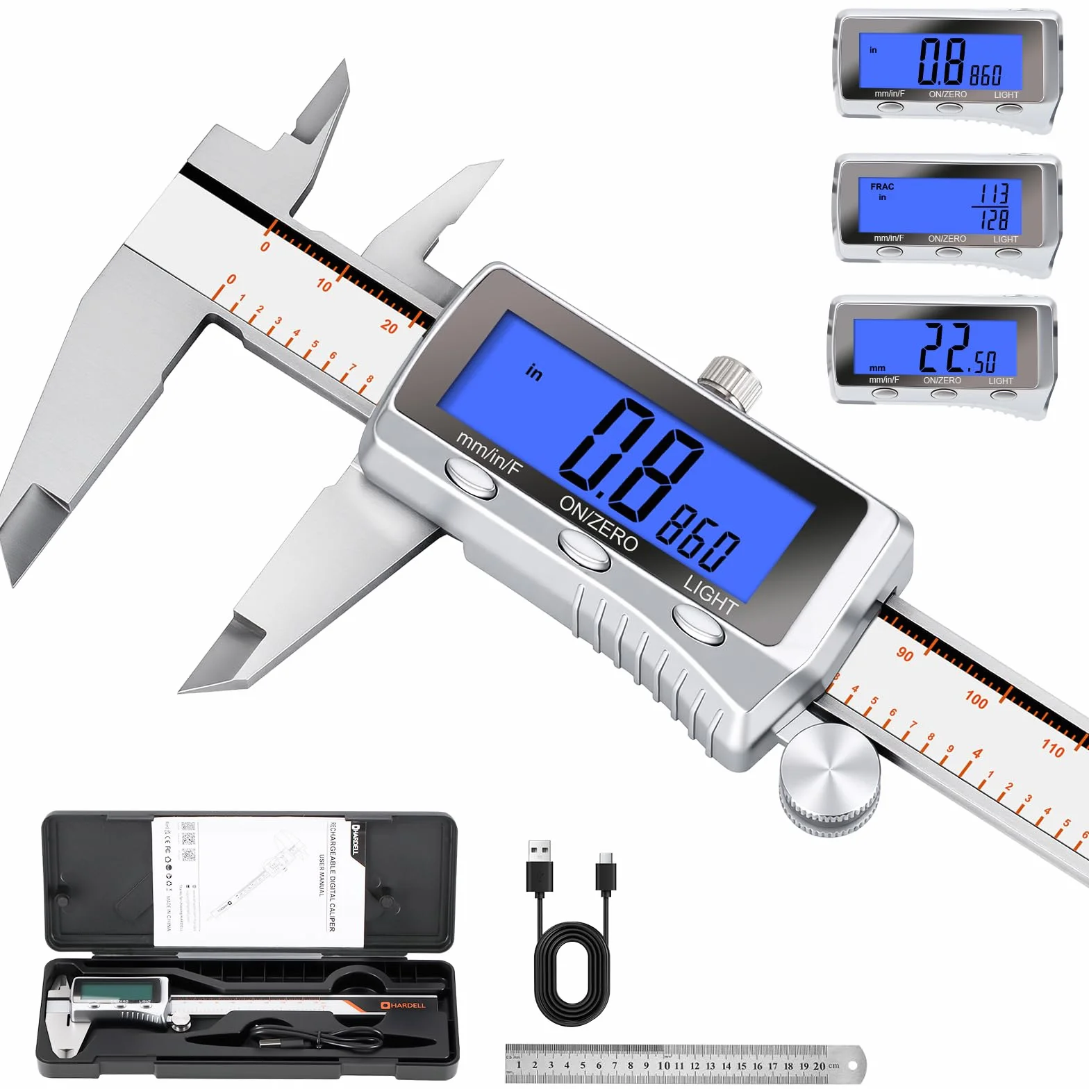 HARDELL Calibro a corsoio digitale, strumento di misurazione ricaricabile con display LCD retroilluminato, tutte le pinze in metallo, micrometro digitale con spegnimento automatico, pollici/mm