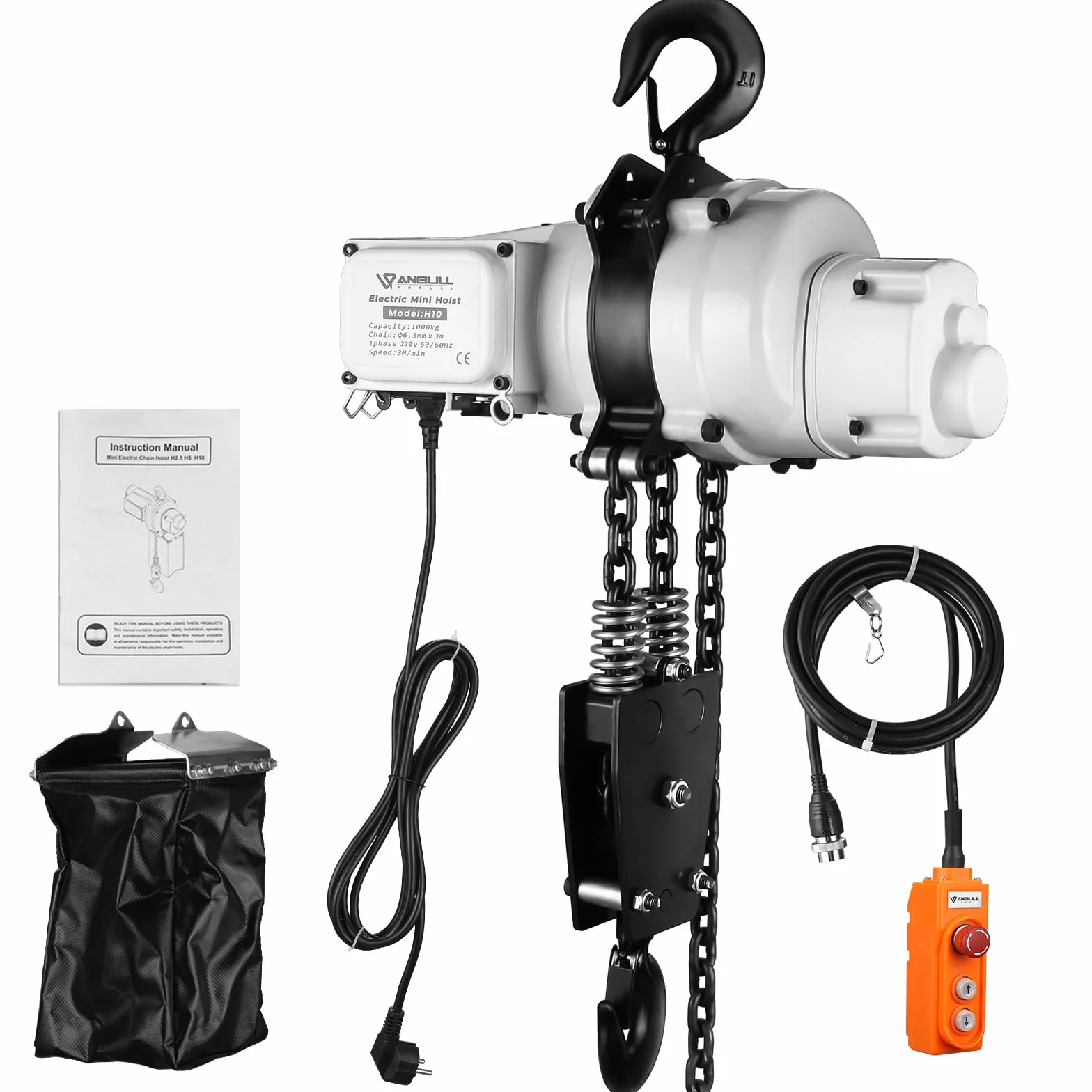 Anbull Montacarichi da Balcone 1000Kg | Catena FEC Giapponese | Paranco Elettrico 1300W | Altezza di sollevamento: 3 M | Telecomando Cablato 1,5 m | Argano Elettrico 220v
