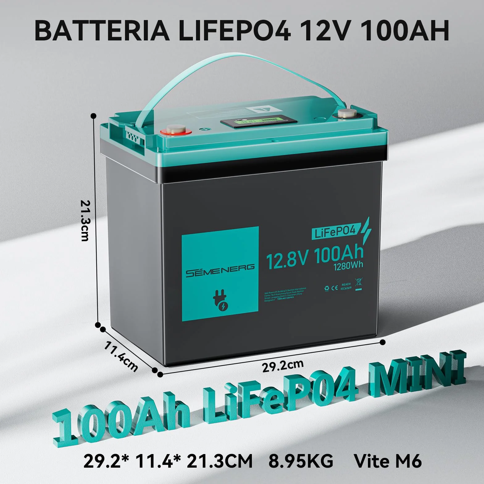Batteria al Litio da LiFePO4 Mini 12V 100Ah con LED, 100A Intelligente BMS & Max.15000 Cicli, Batteria 12 Volt Deep Cycle 1280 Wh Ricaricabile per Camper, Sistemi a Energia Solare, Campeggio