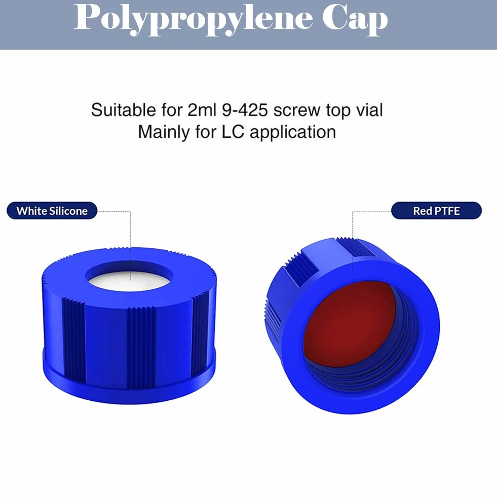 ALWSCI Tappo per Fiale Per Autocampionatore 9-425, Tappi a Vite In Polipropilene Blu da 9 Mm Con Setti In PTFE Rosso/Silicone Bianco, 100 Pezzi/Pz.