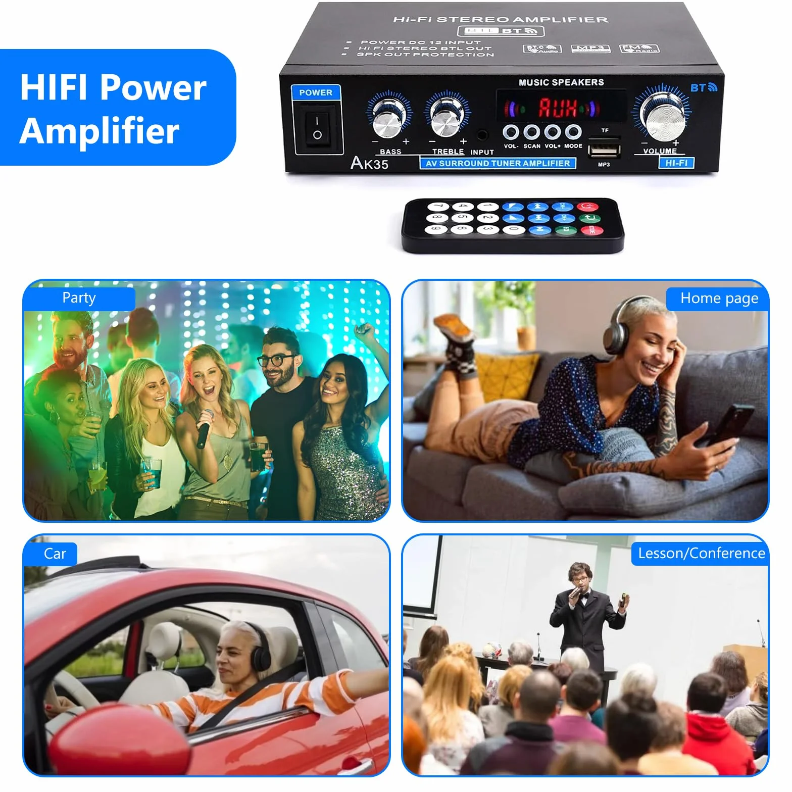 Amplificatore audio AK45, amplificatore stereo, amplificatore Bluetooth 5.0 HIFI con telecomando per auto e casa con ingresso MIC/SD/USB, radio FM