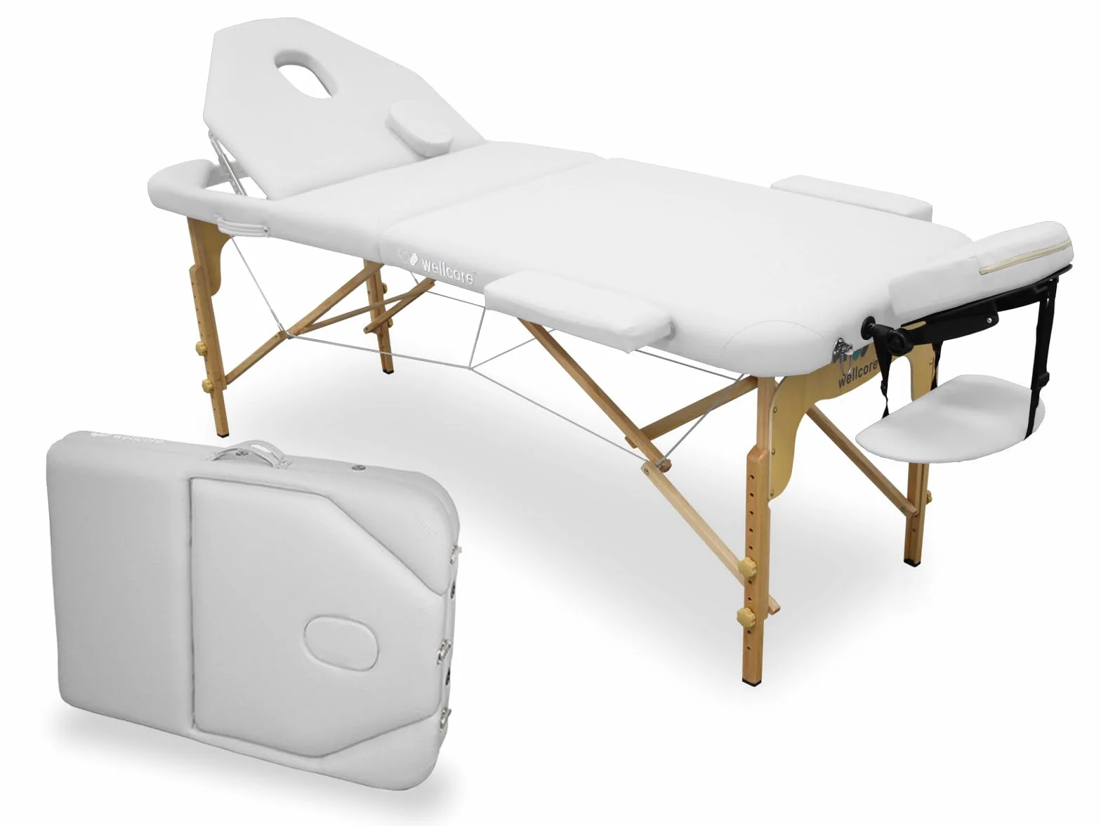 WELLCORE - Lettino da massaggio pieghevole in legno, con schienale ribaltabile, Plus, 185 x 65 cm, in ecopelle, altezza regolabile, testa rimovibile, foro facciale, colore bianco fino a 225 kg