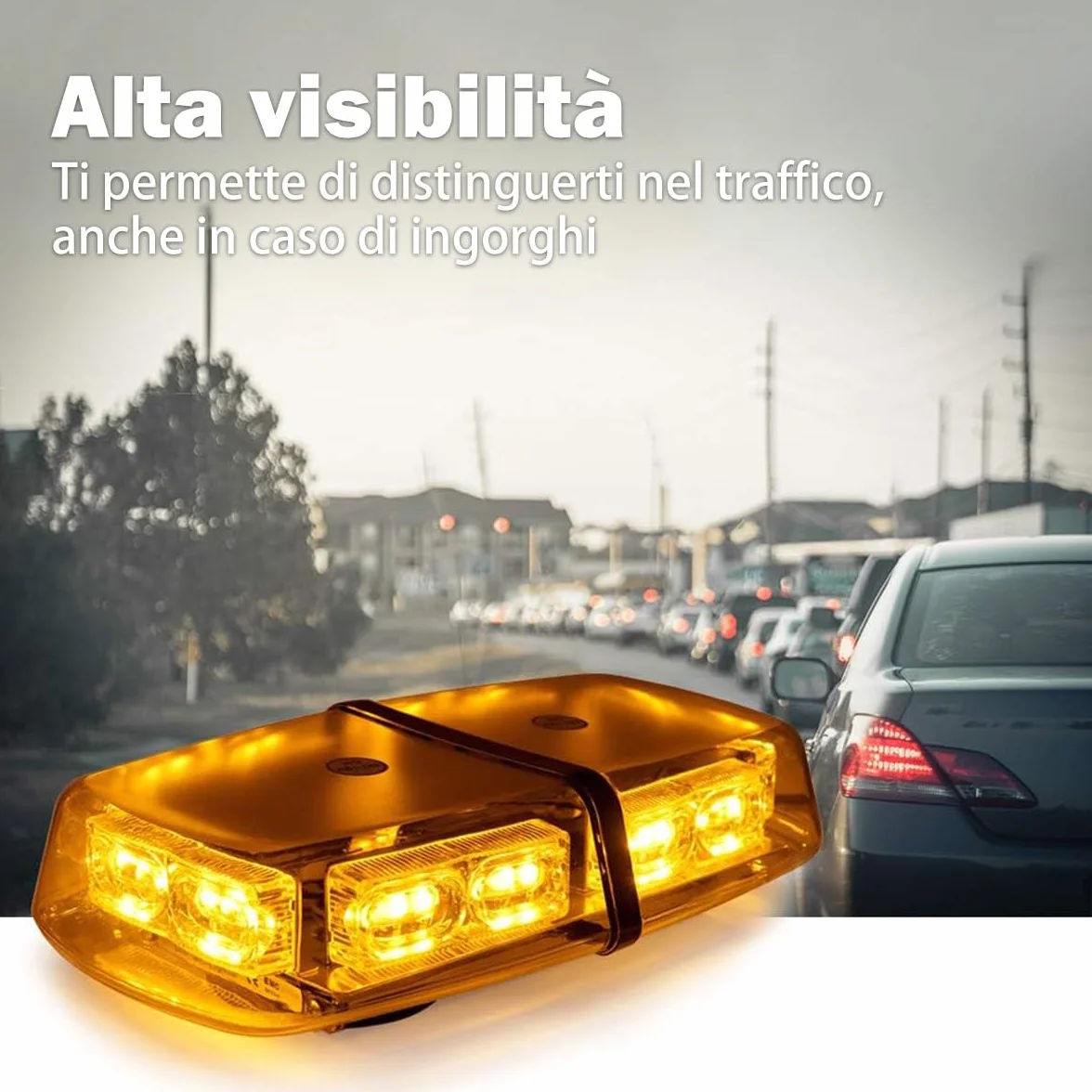 Mini Barra LED Stroboscopica Magnetica 36 LED Ambra 12V/24V, Luce di Emergenza con 7 Modalità Flash IP66 per Camion, Taxi, Veicoli da Cantiere e Sicurezza Stradale