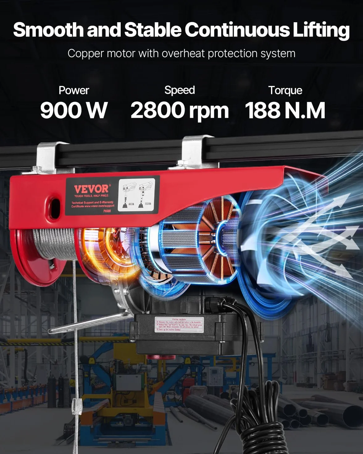 VEVOR Paranco Elettrico Doppio Cavo Carico max. 600kg, Telecomando a Filo 4,2m, Altezza di Sollevamento Cavo Singolo 12m, Paranco Arresto di Emergenza, Sollevatore per Garage, Magazzino, Fabbrica