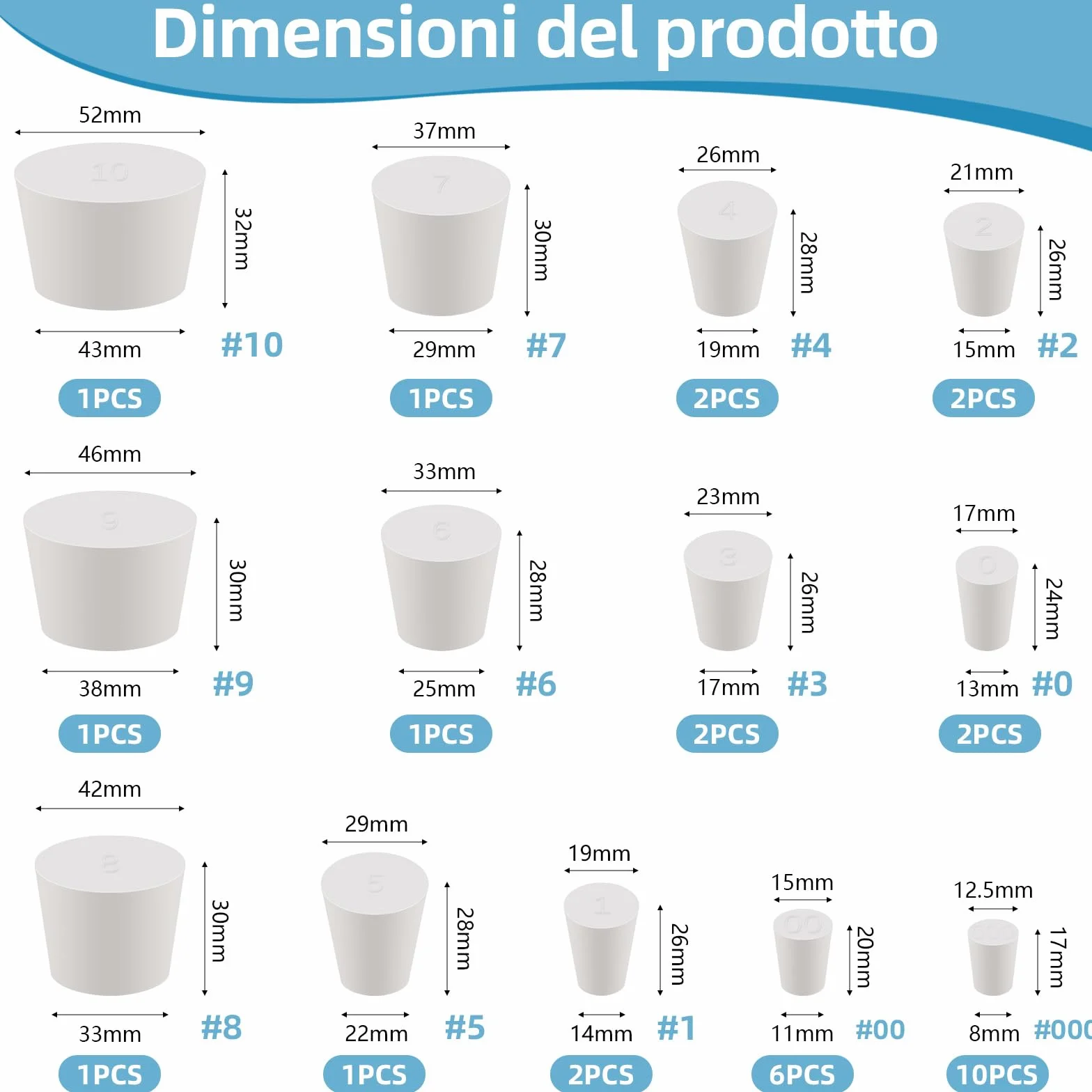 Set da 32 Tappi in Gomma Conico Bianco 13 Misure Tenuta Stagna per Laboratorio Riusabile