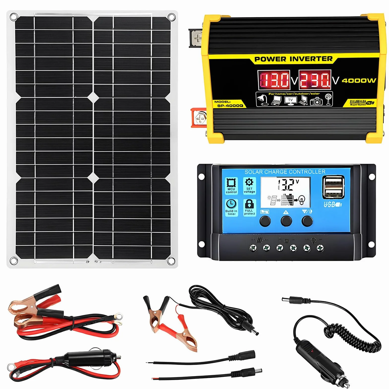Kit Fotovoltaico con Accumulo da 400W, con Inverter da 12V a 110V/220V, Controller da 30A E Pannello Solare da 18W, per Backup Domestico, Camper, Alimentazione Fuori Rete Black-220V