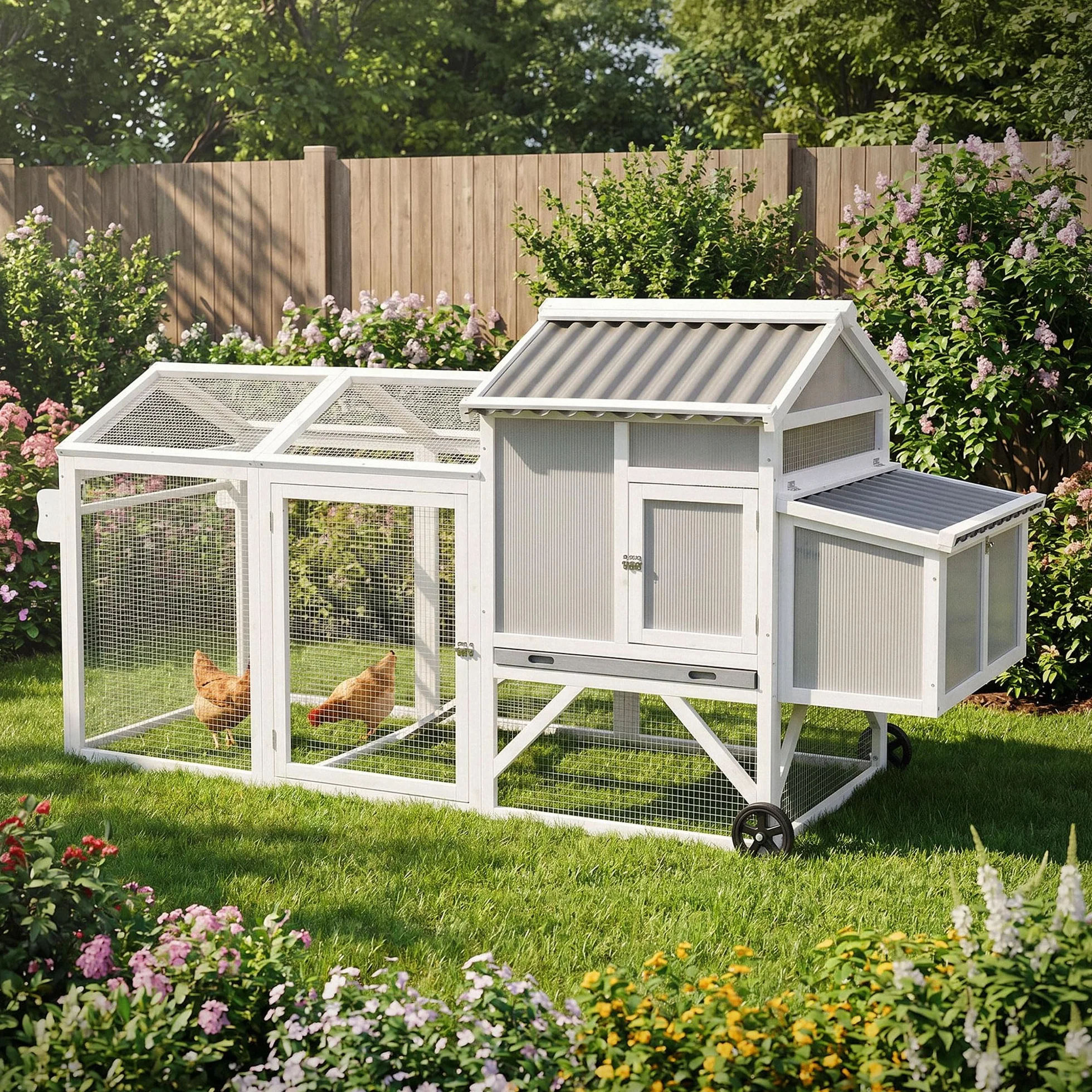 ECD Germany Pollaio per Galline da Esterno in Legno Massello e Rete Zincata, Casetta per Galline Ovaiole con Recinto Esterno e Ruote XXL 83 x 220 x 109 cm, Pollaio con Nido e Area di Pascolo