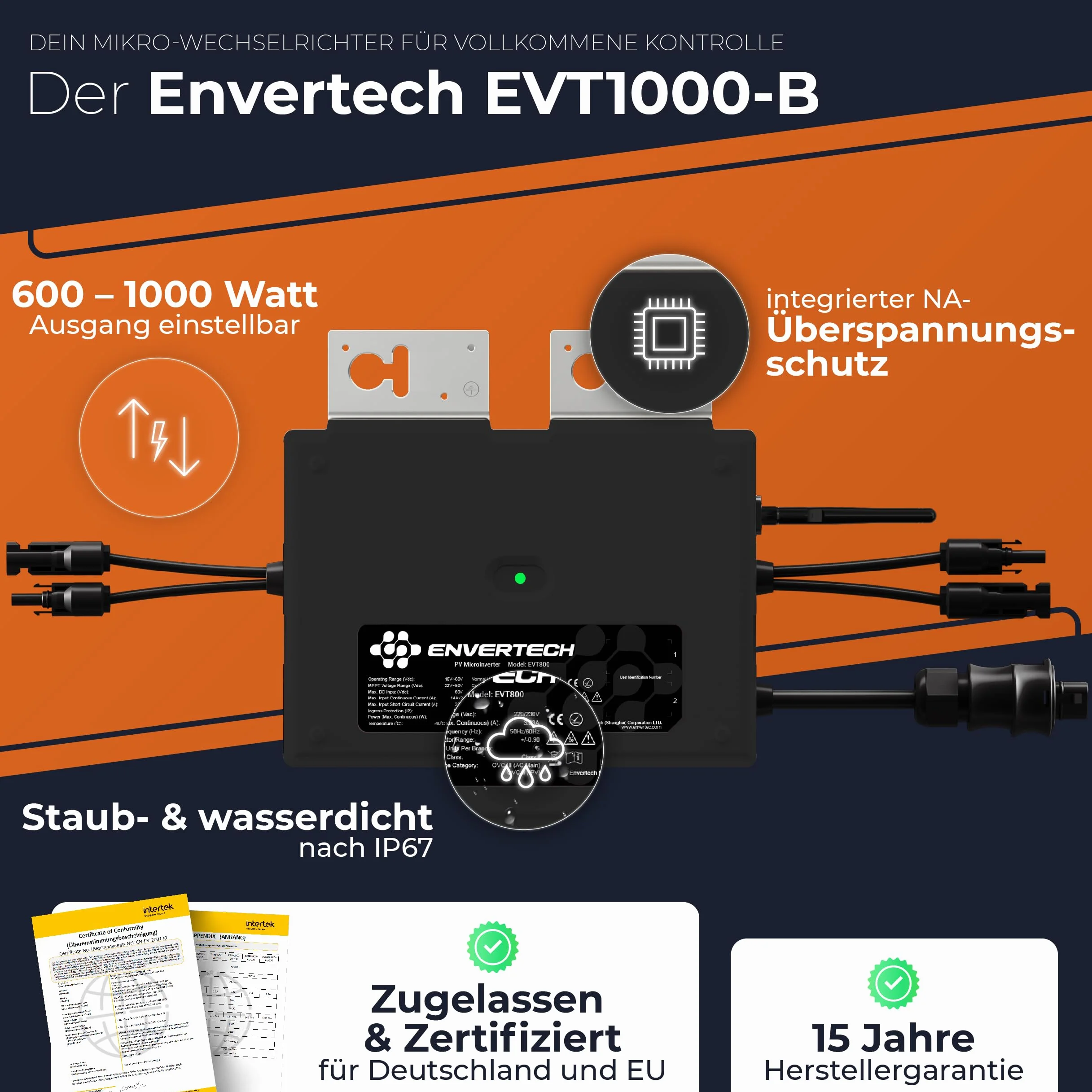Envertech EVT-1000-B Microinverter 800 W Solare Eolico con App WiFi Black Case