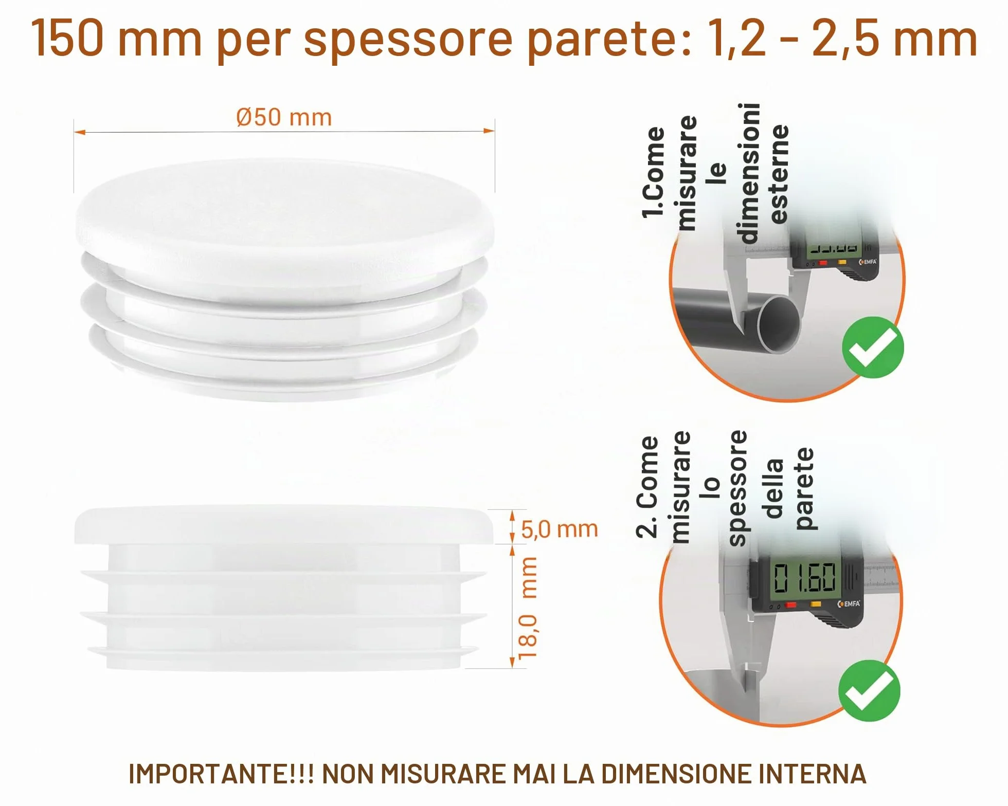 Tappo alettato tondo 50 mm Bianco 4 pezzi per tubo - Terminali in plastica protettivi