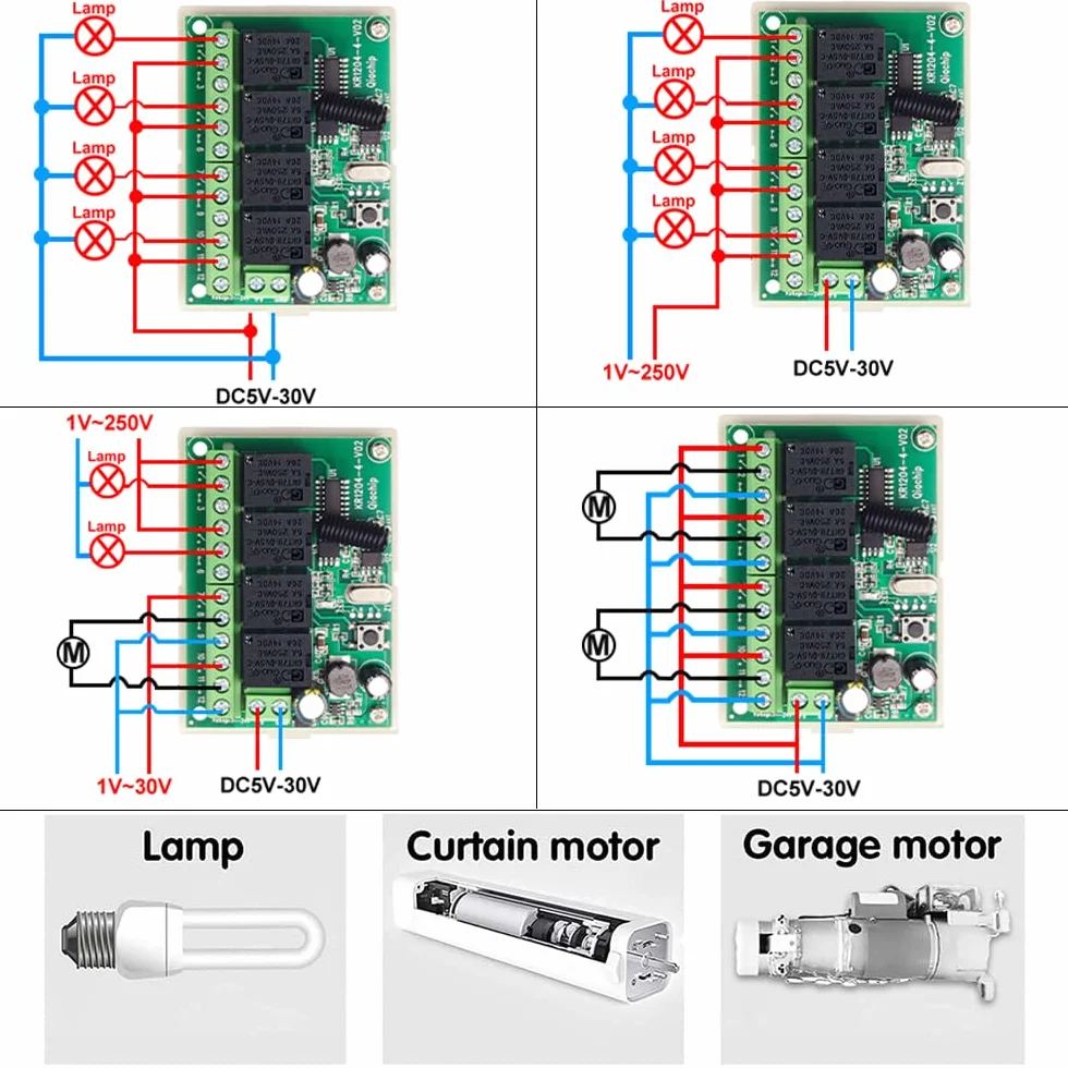 QIACHIP Interruttore di controllo remoto wireless DC 12V 24V 4CH 10A Ricevitore relè a radiocomando a 4 canali 433Mhz con 4 trasmettitori RF, per luci, porta del garage, motore